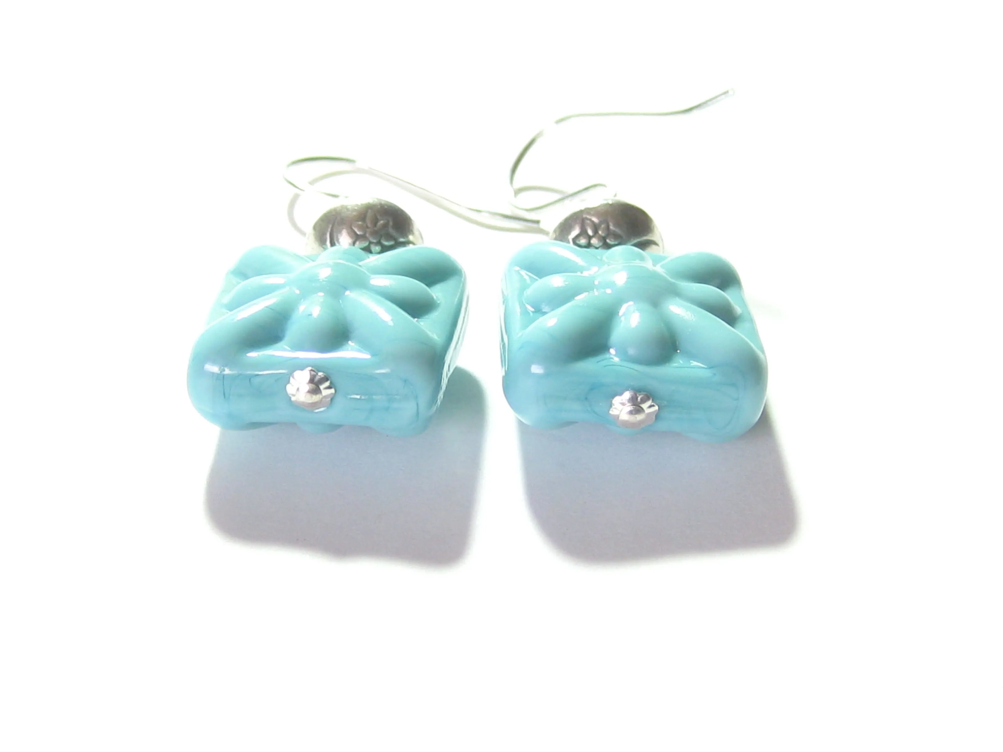 Venetian Glass Turquoise Starburst Chunky Square Silver Earrings, Murano Glass Jewelry