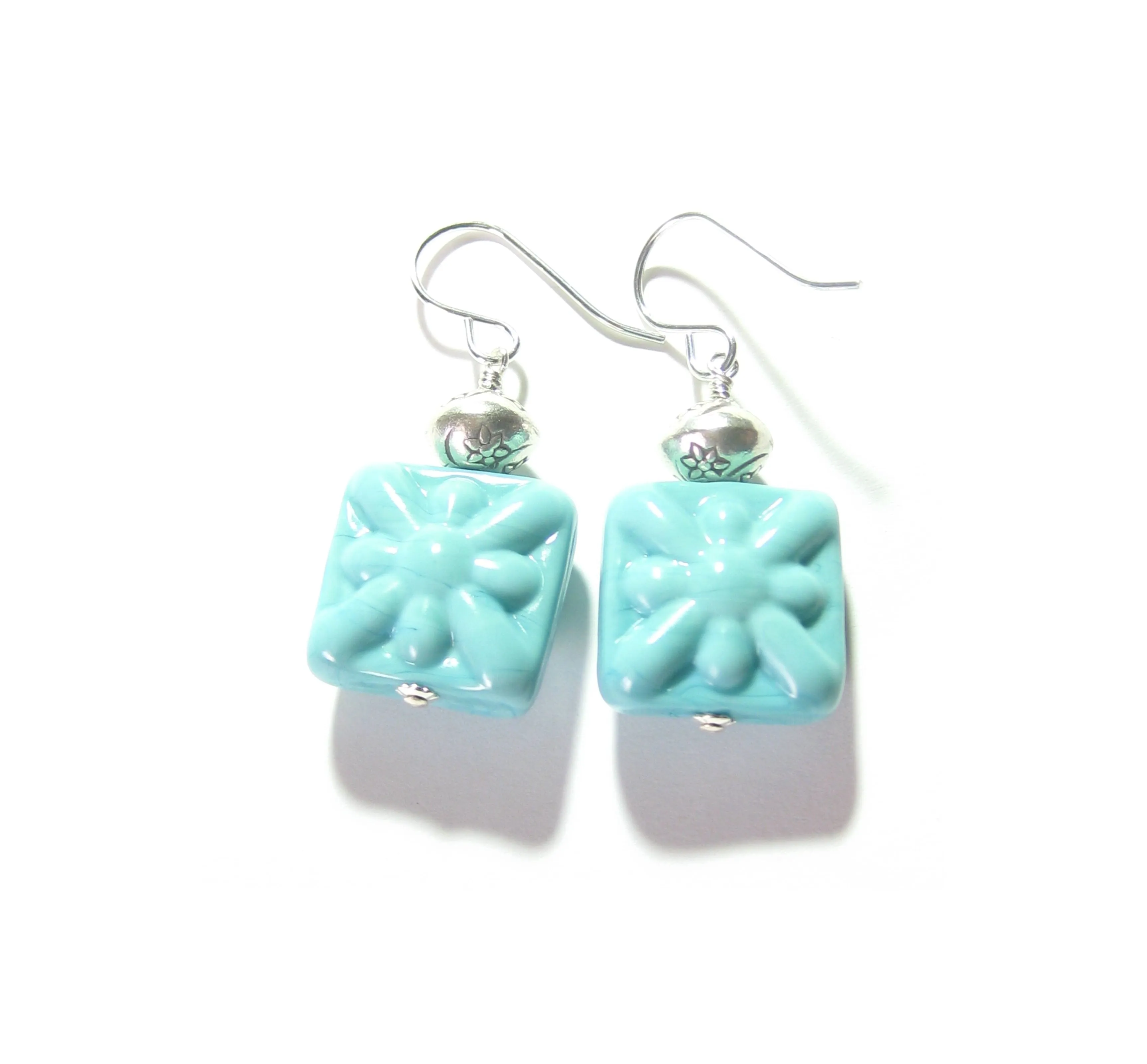 Venetian Glass Turquoise Starburst Chunky Square Silver Earrings, Murano Glass Jewelry