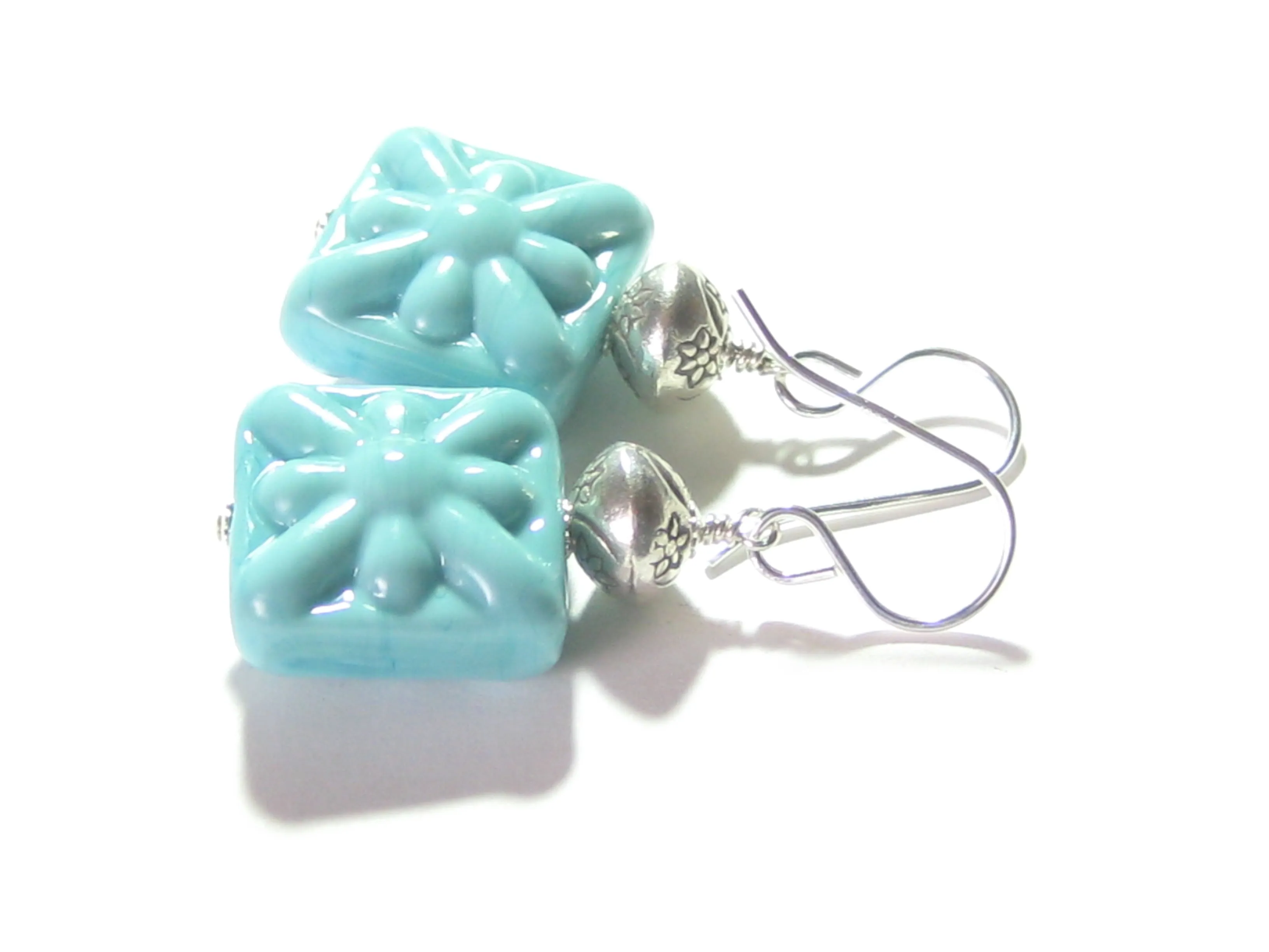 Venetian Glass Turquoise Starburst Chunky Square Silver Earrings, Murano Glass Jewelry