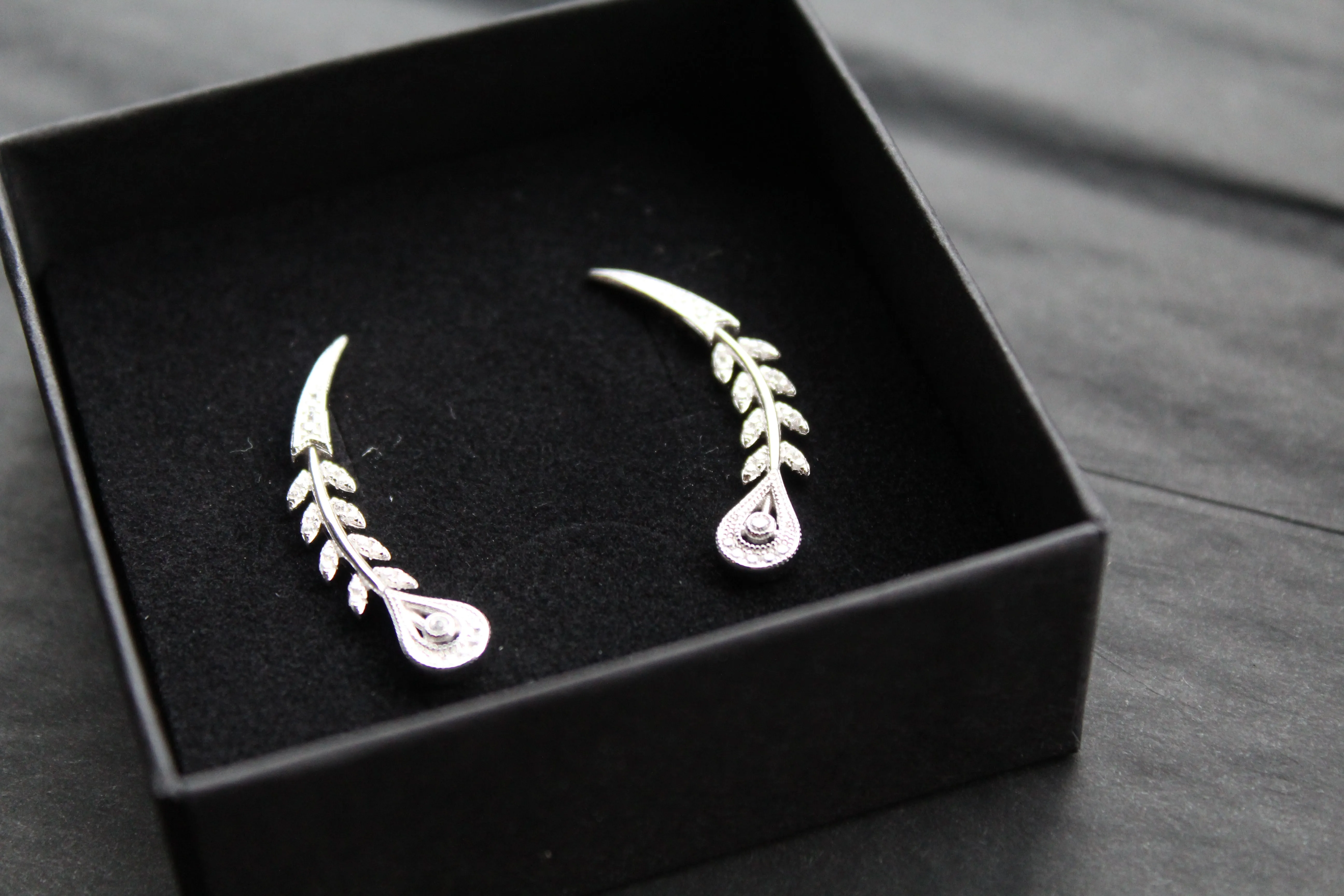 Victorian Style Peacock Feather Clear Cubic Zirconia Earrings