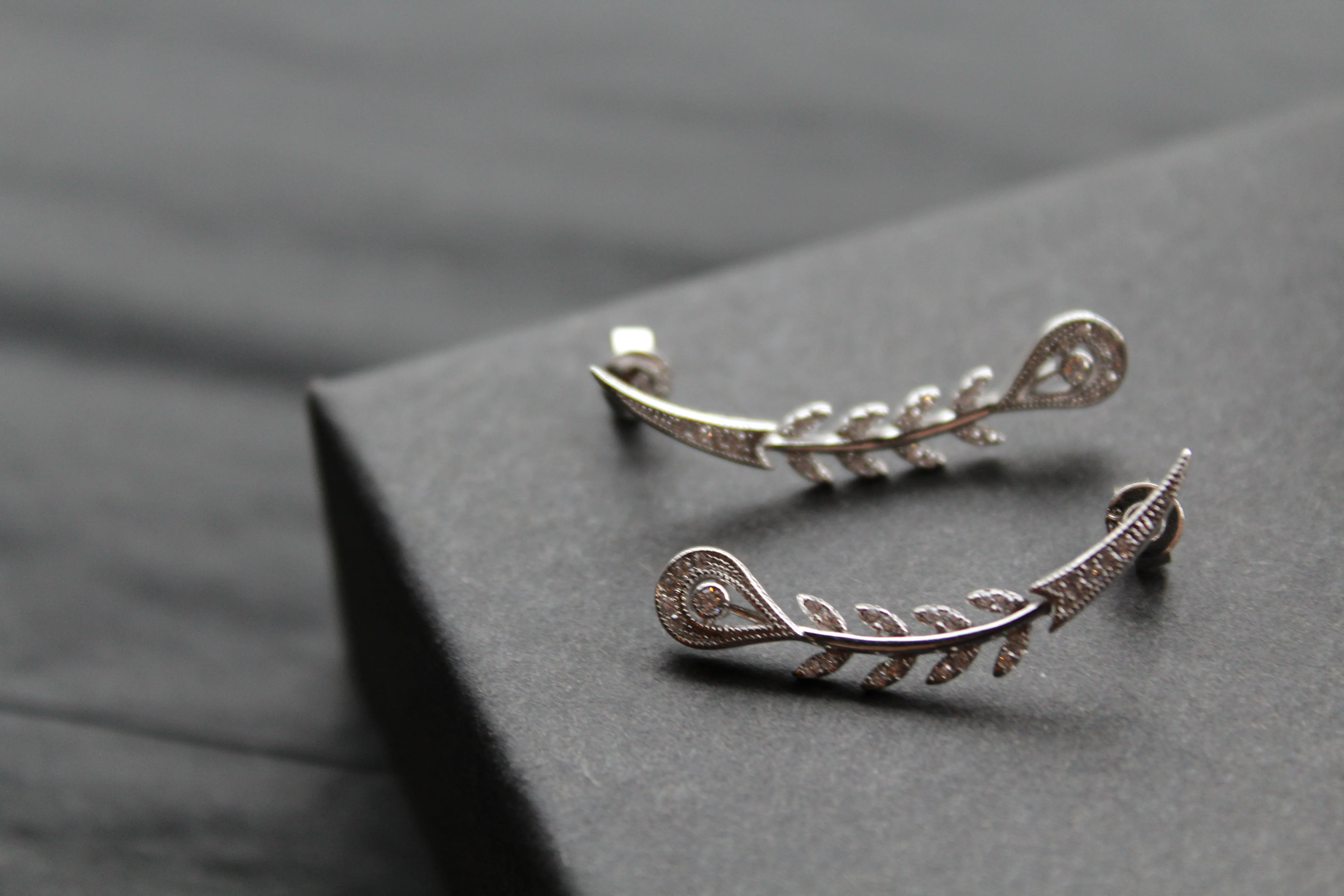 Victorian Style Peacock Feather Clear Cubic Zirconia Earrings
