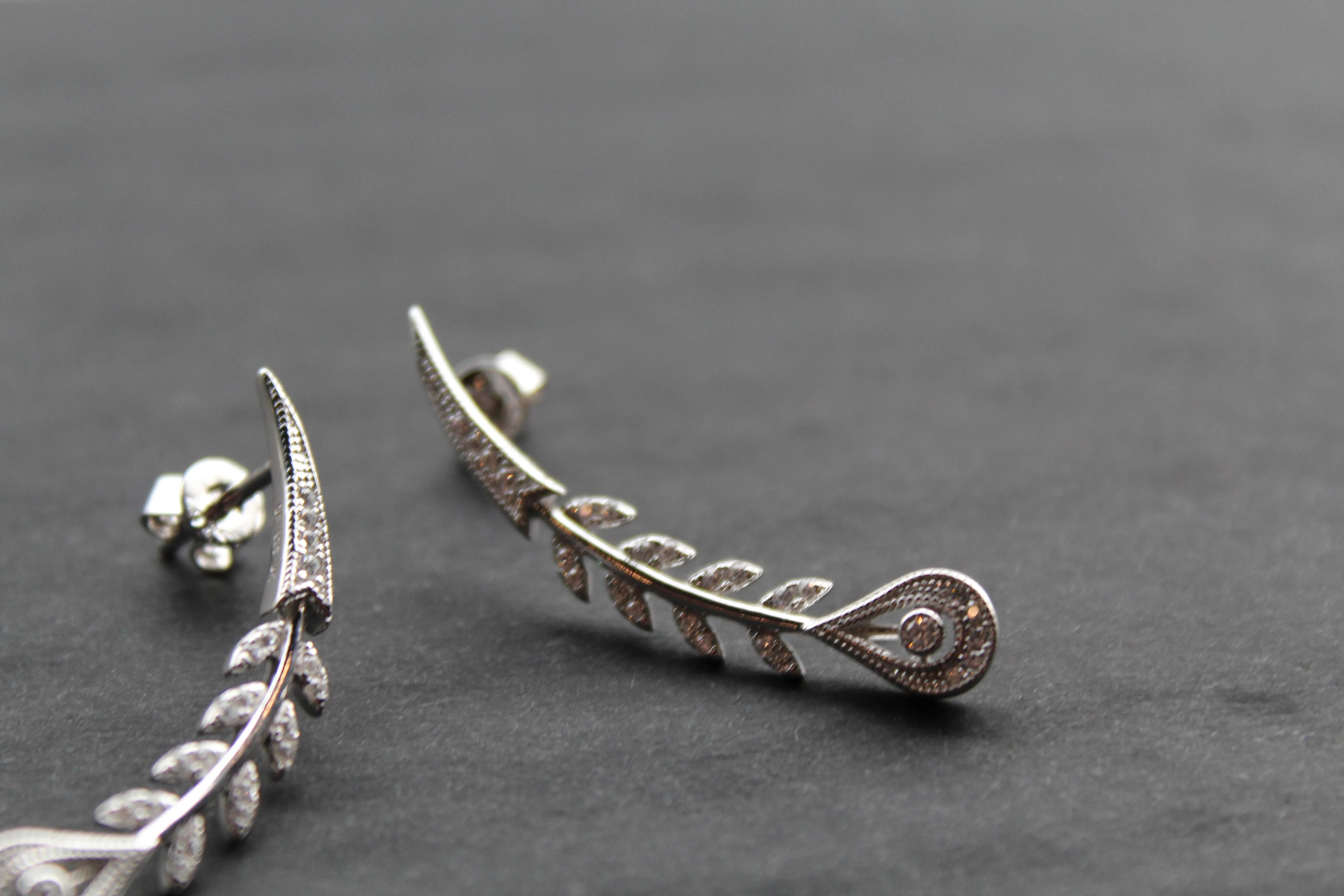 Victorian Style Peacock Feather Clear Cubic Zirconia Earrings