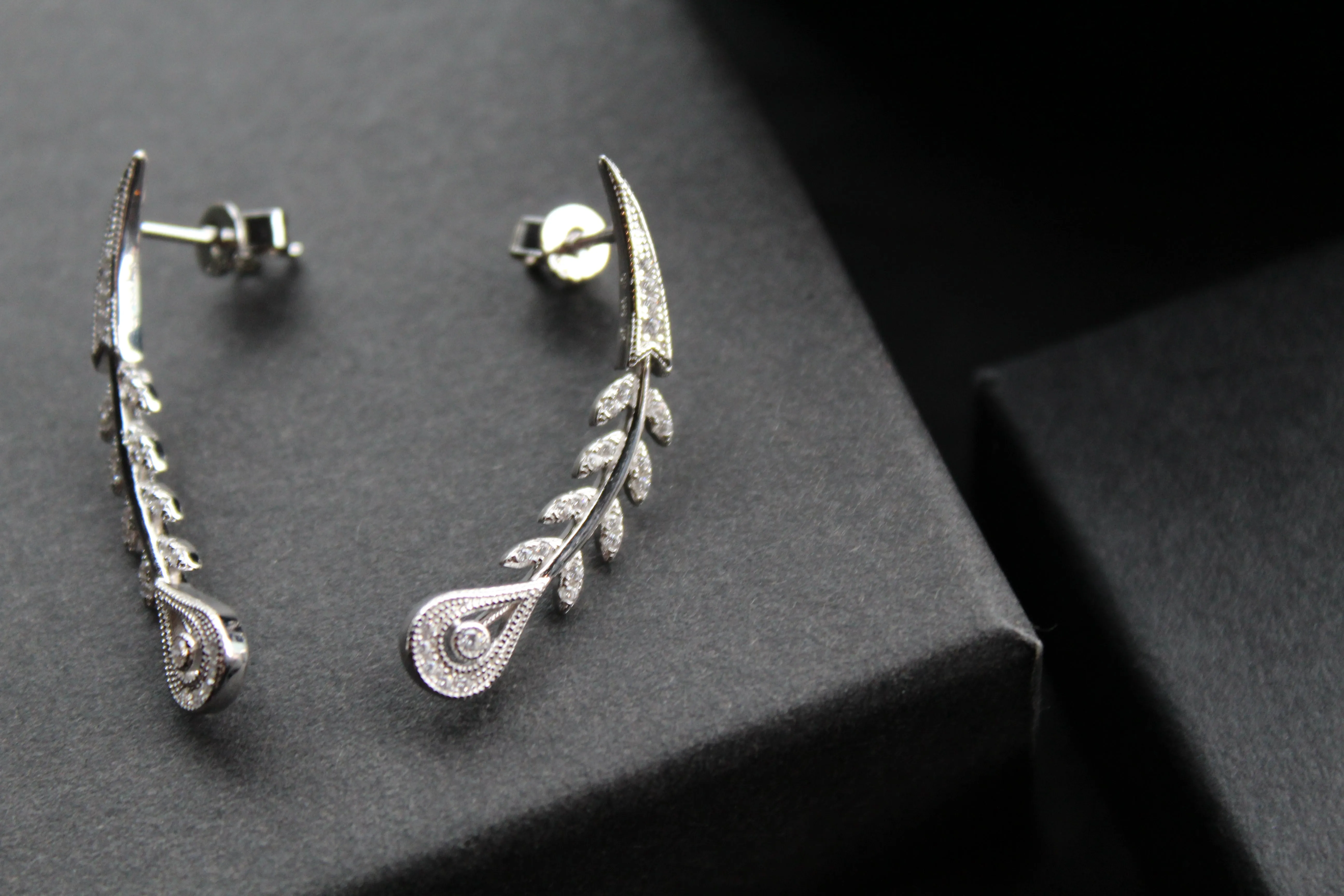 Victorian Style Peacock Feather Clear Cubic Zirconia Earrings