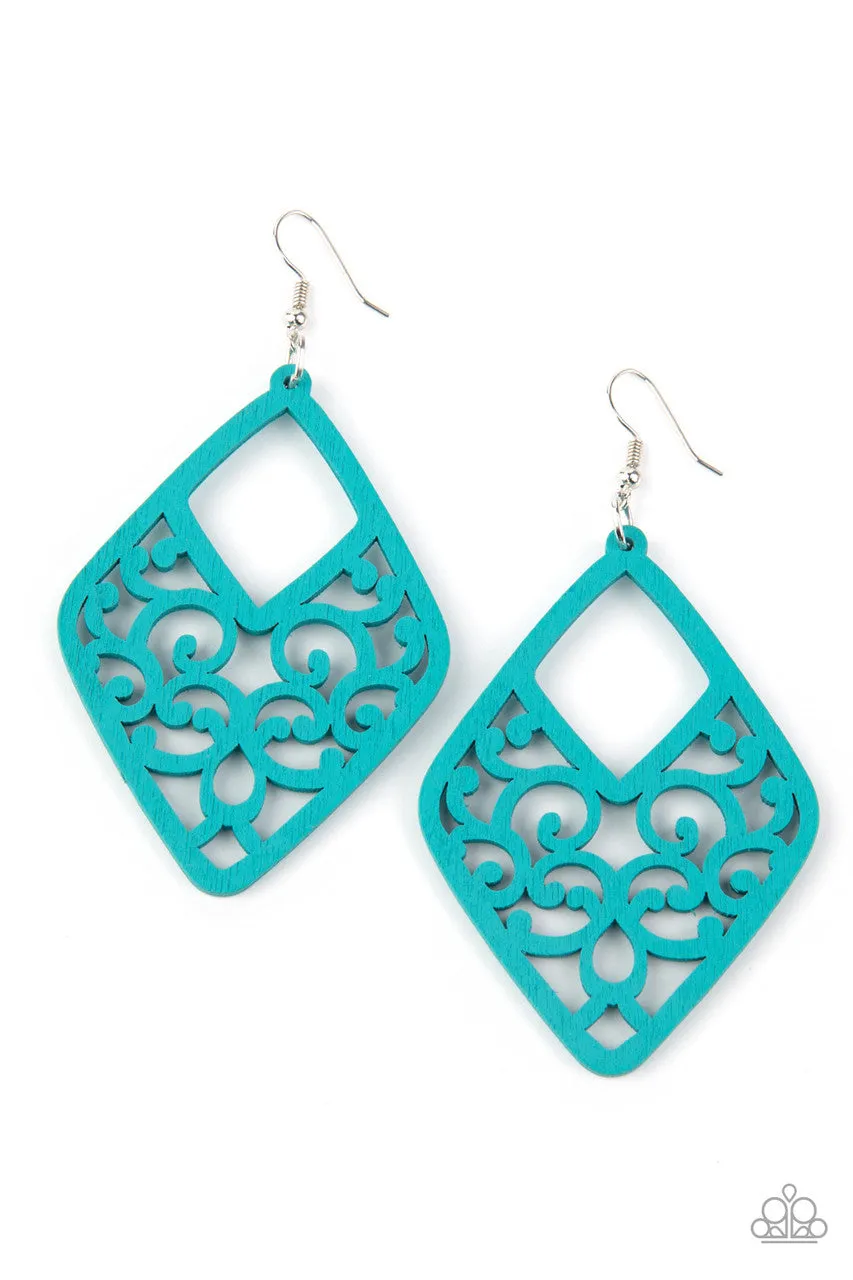 VINE for the Taking - Blue - Painted Filigree Wooden Paparazzi Fishhook Earrings