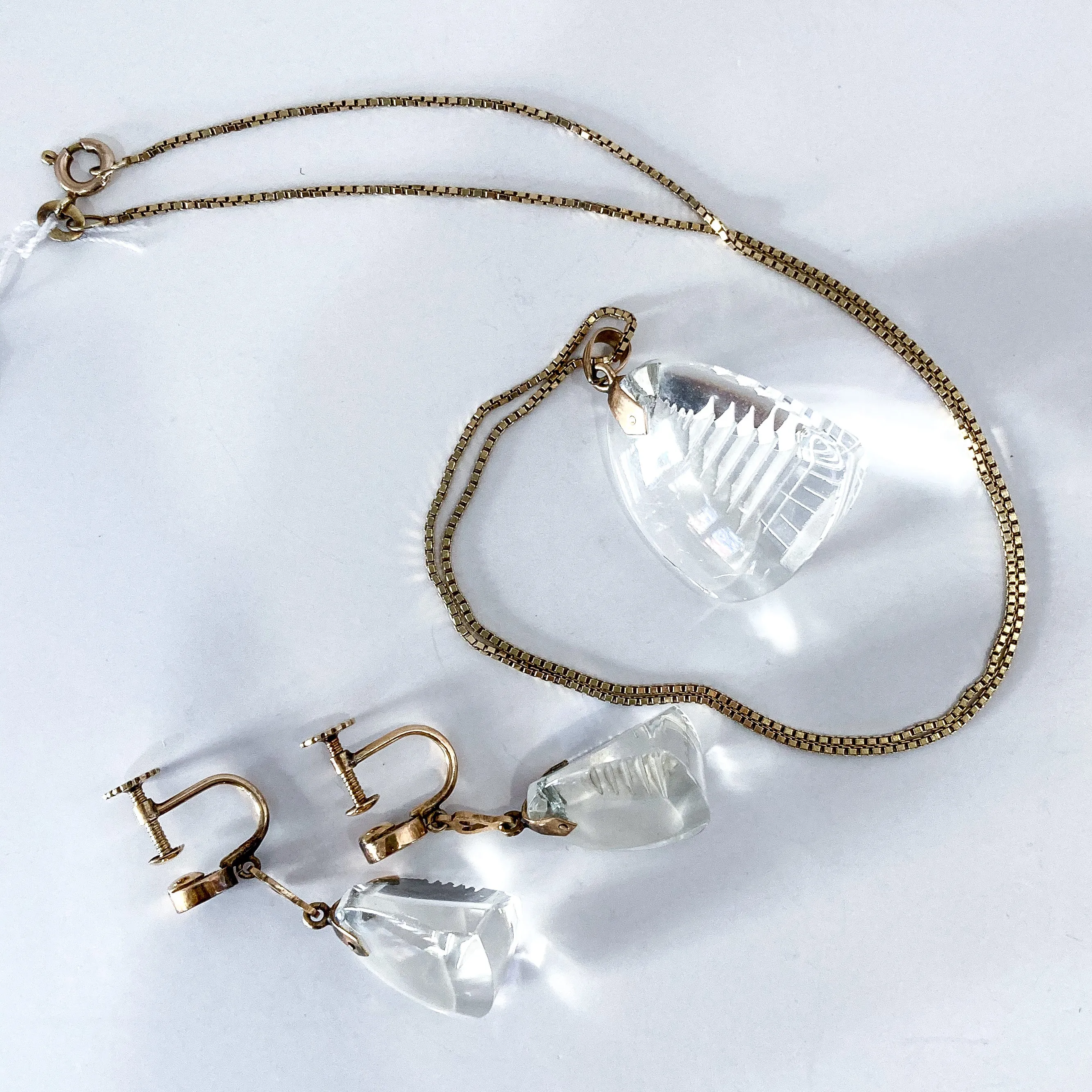 Vintage 14k Gold Carved Crystal Pagoda Necklace Earrings Japan Jewelry Set