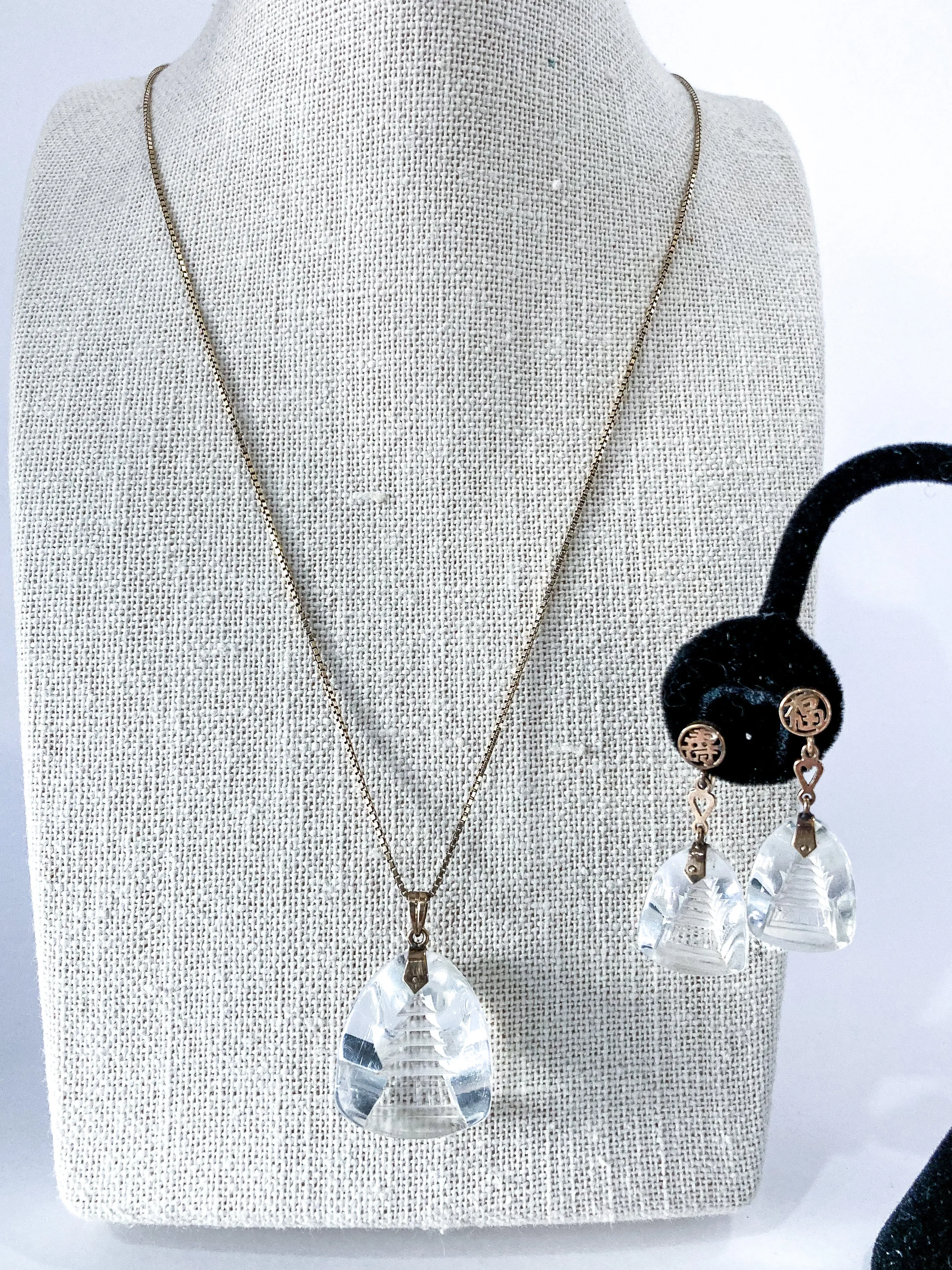 Vintage 14k Gold Carved Crystal Pagoda Necklace Earrings Japan Jewelry Set