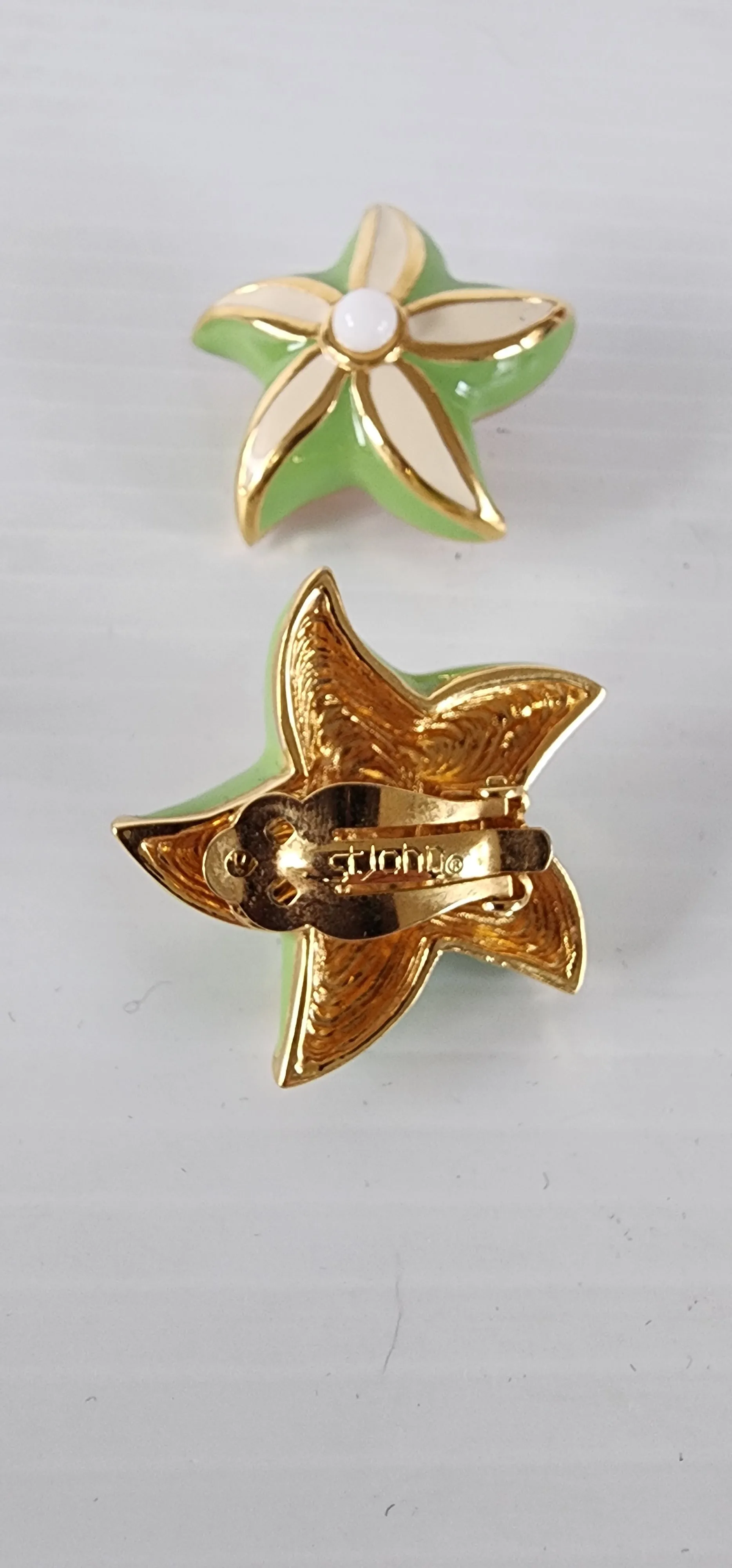Vintage 80s St John Earrings Starfish Seastar Green Enamel Clips