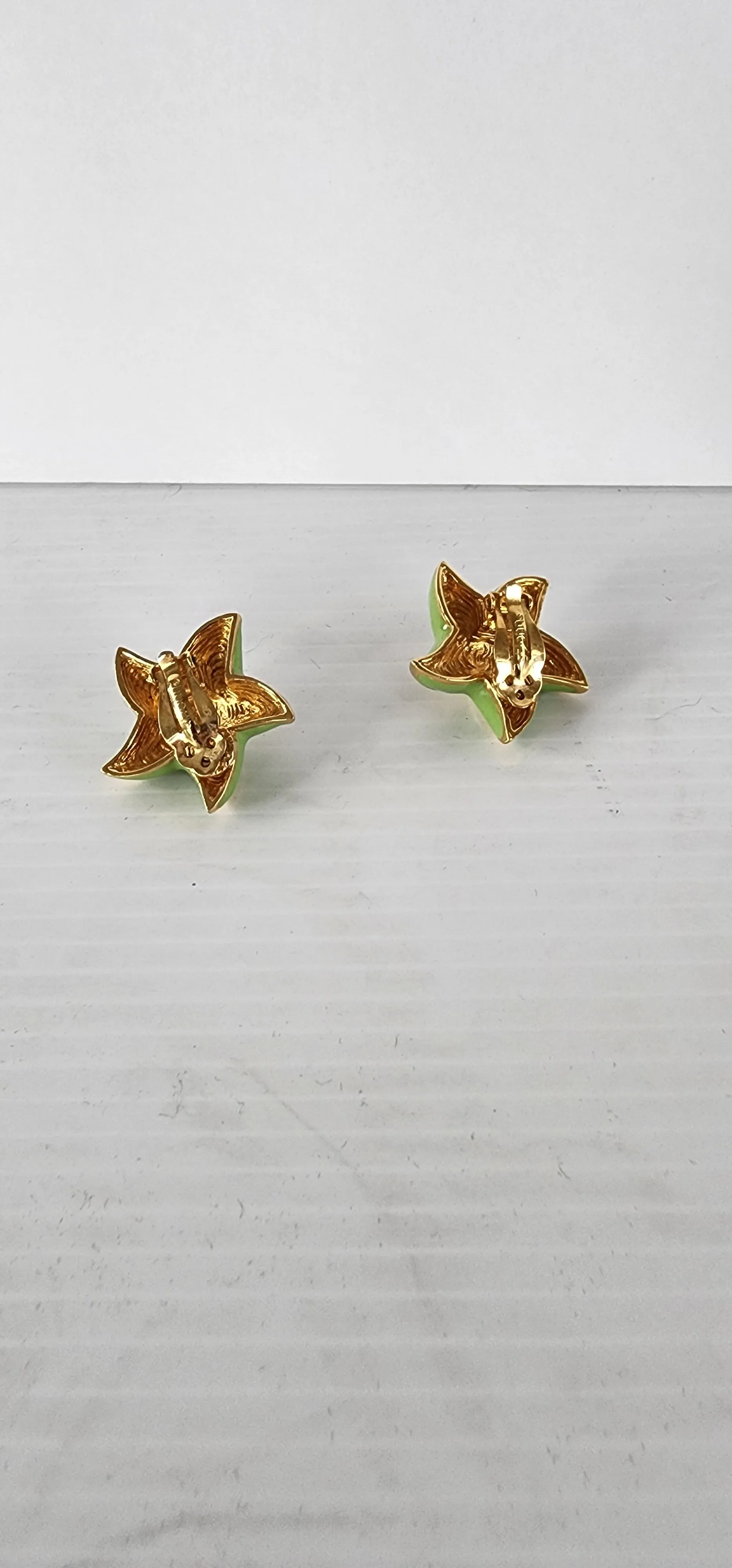 Vintage 80s St John Earrings Starfish Seastar Green Enamel Clips