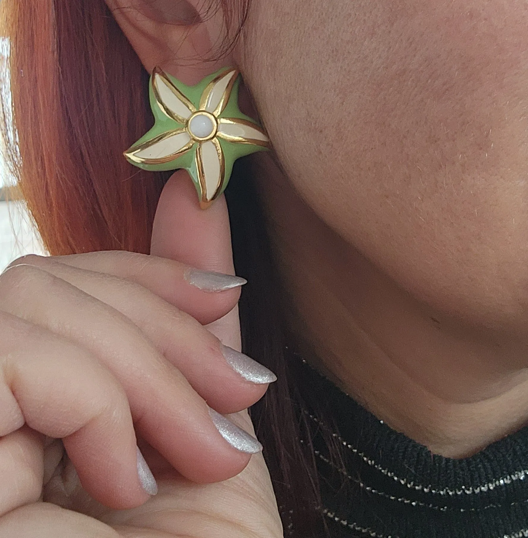 Vintage 80s St John Earrings Starfish Seastar Green Enamel Clips