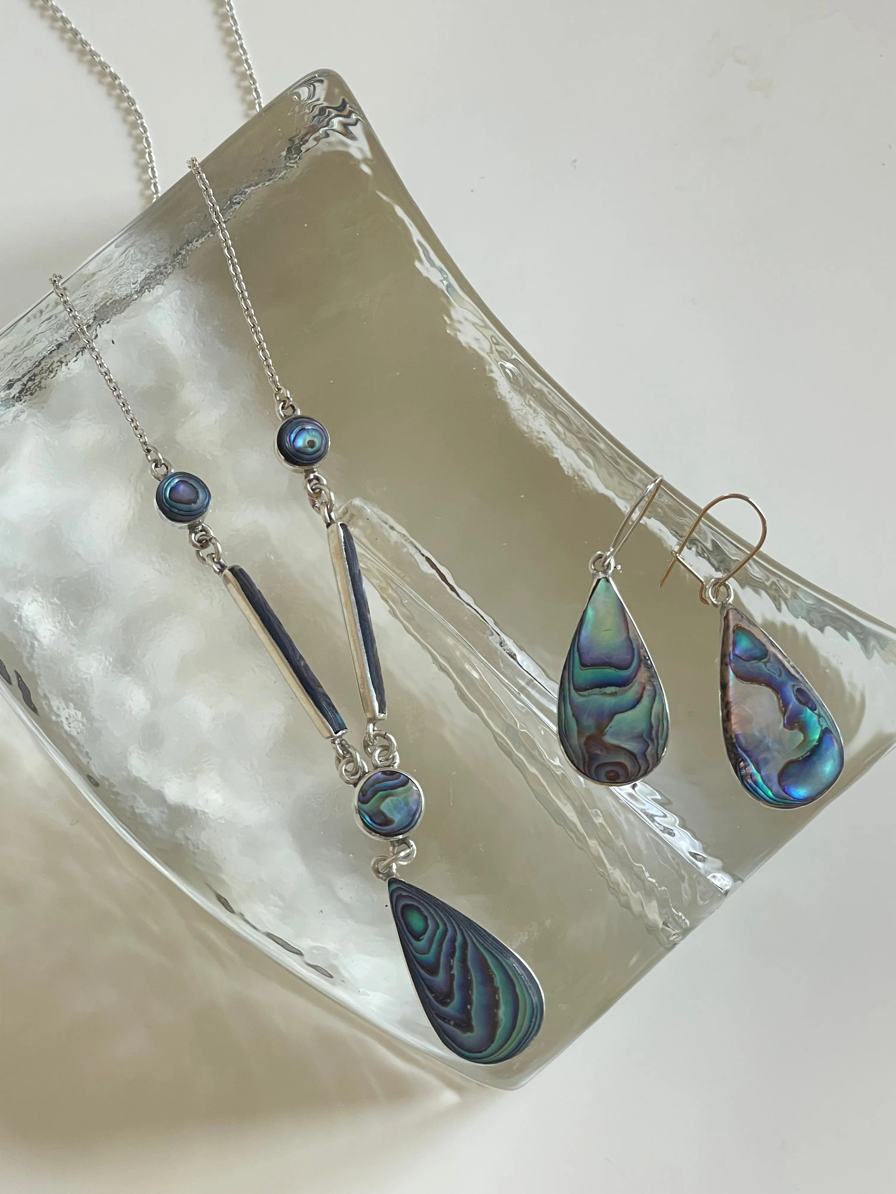 Vintage Abalone and Silver Necklace and Earrings Set
