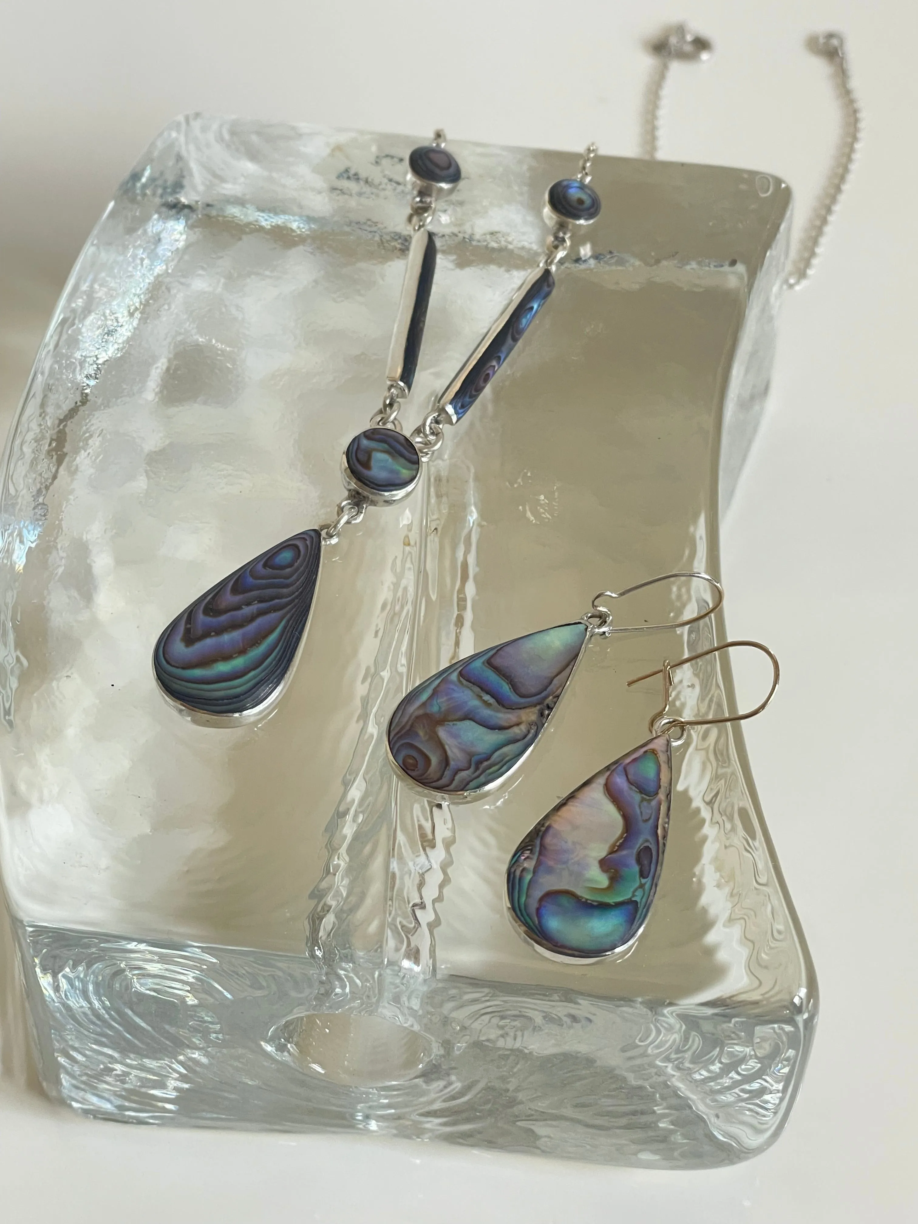 Vintage Abalone and Silver Necklace and Earrings Set