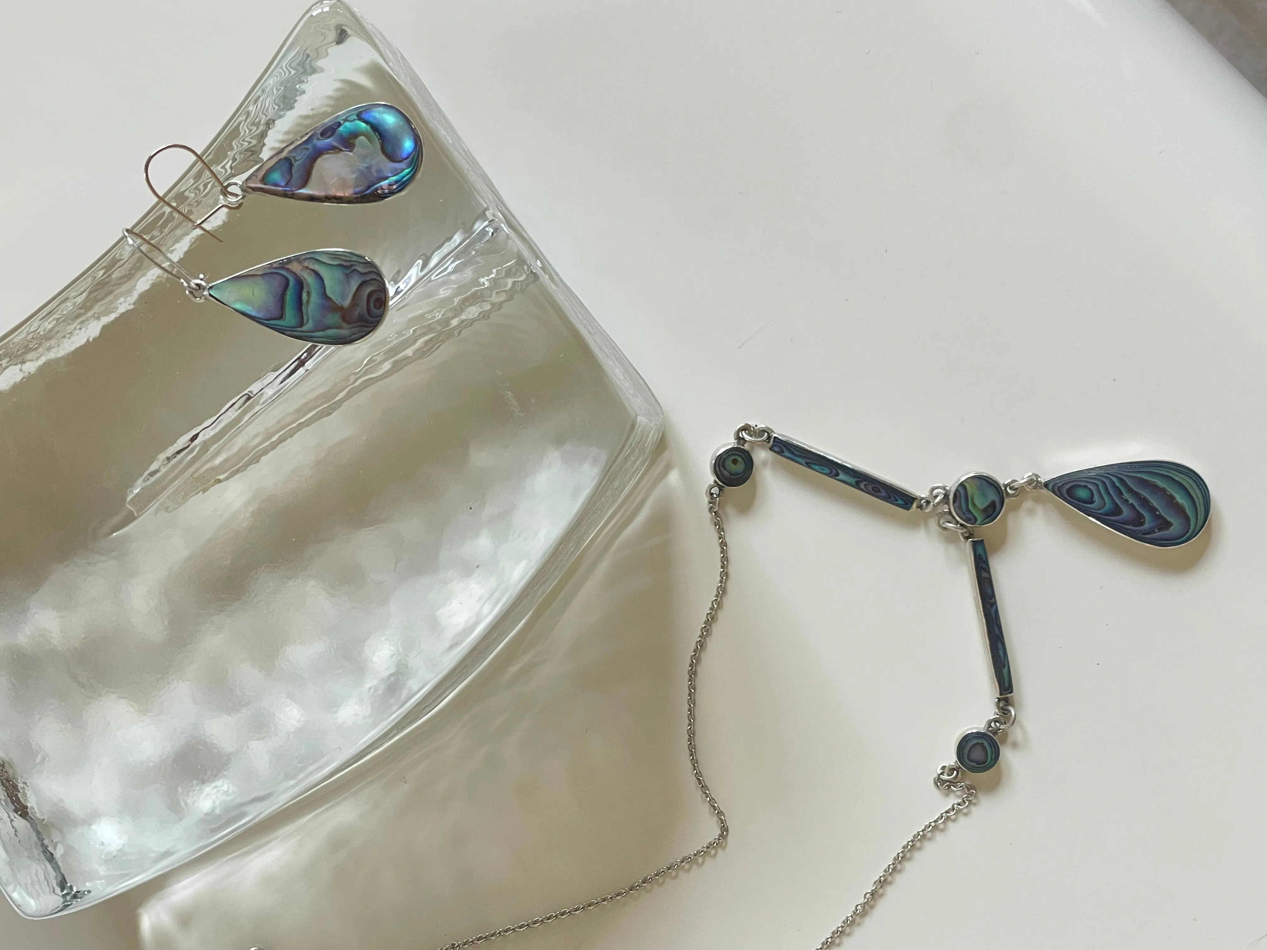 Vintage Abalone and Silver Necklace and Earrings Set