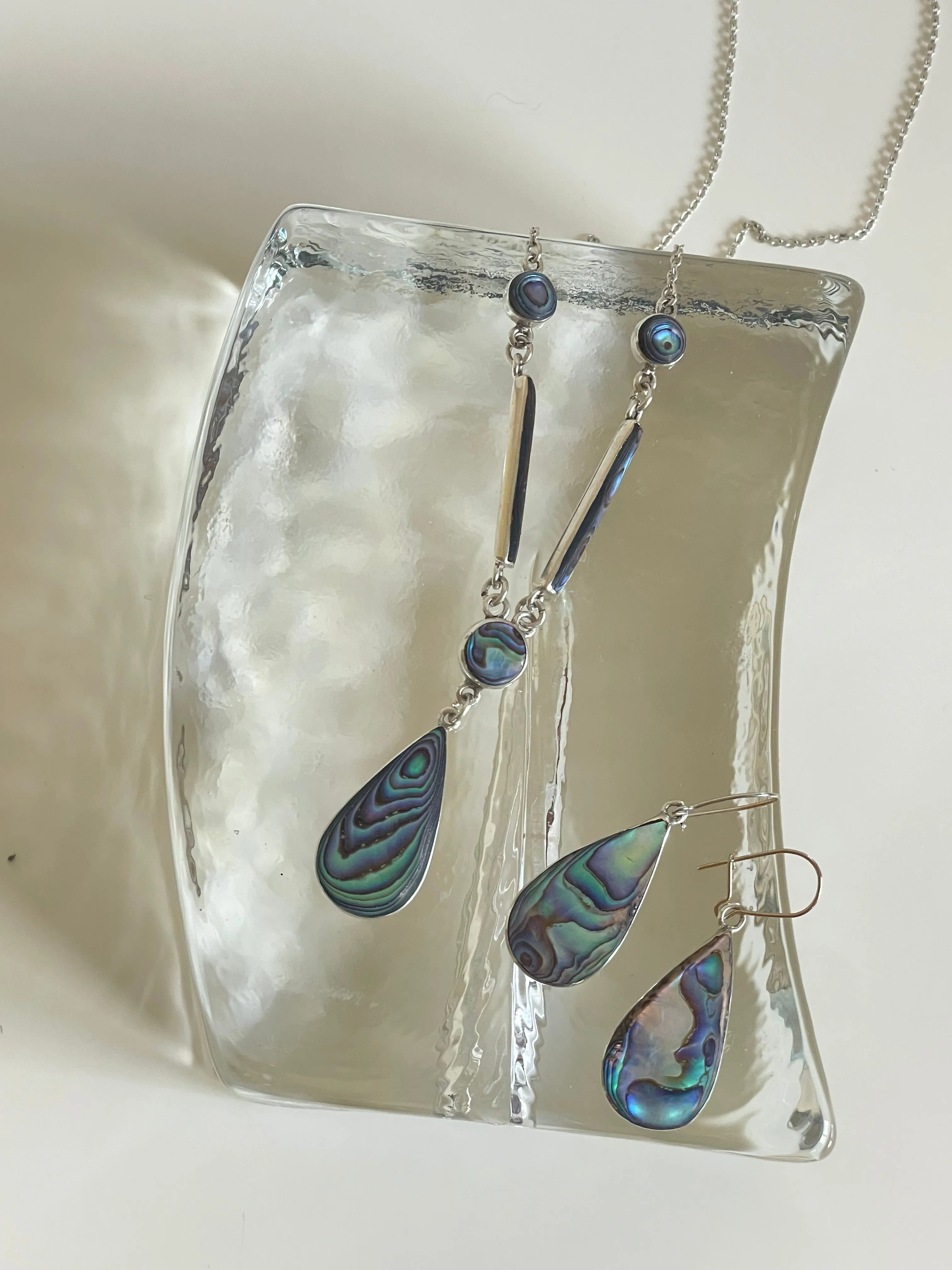 Vintage Abalone and Silver Necklace and Earrings Set