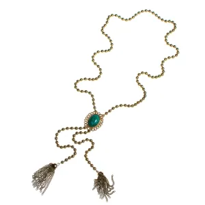 Vintage Avon Necklace Faux Jade Green Cabochon Tassel Lariat Necklace