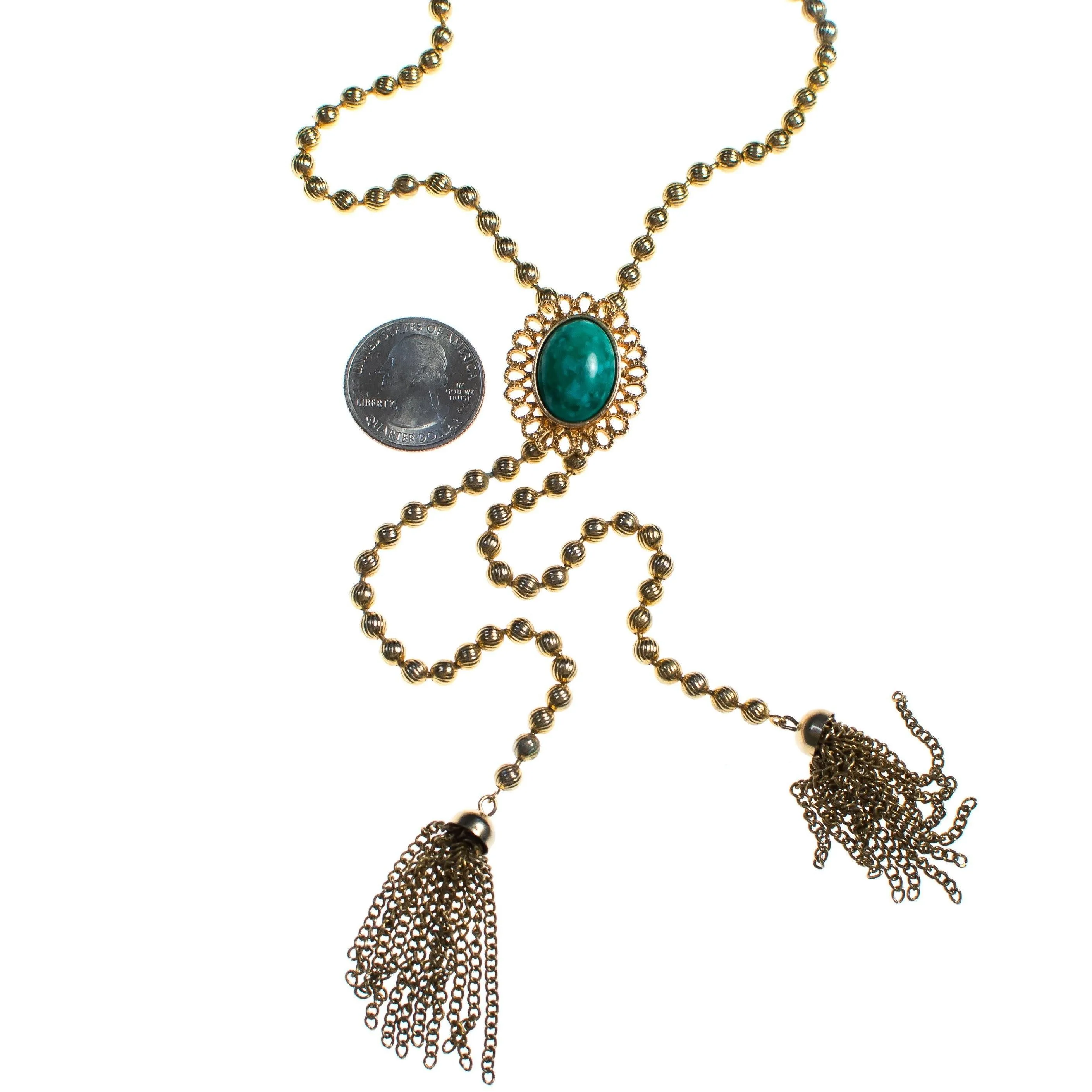 Vintage Avon Necklace Faux Jade Green Cabochon Tassel Lariat Necklace