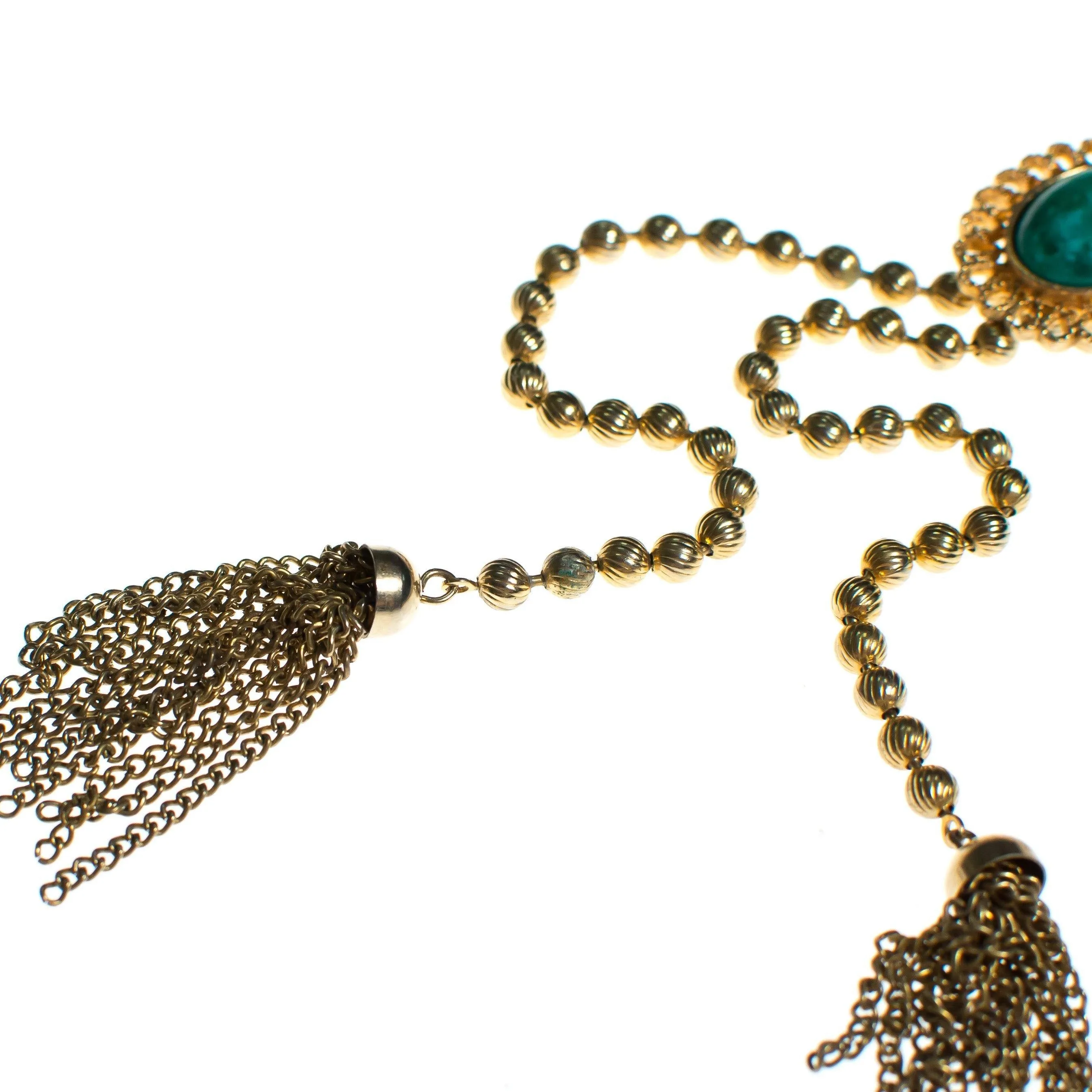Vintage Avon Necklace Faux Jade Green Cabochon Tassel Lariat Necklace