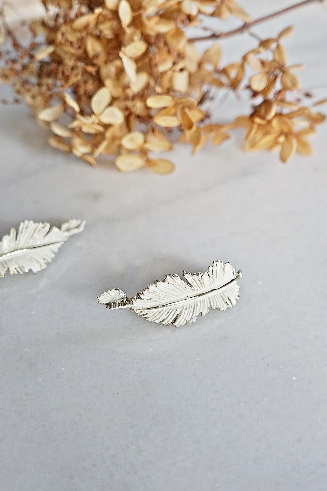 Vintage Feather  White Enamel Earrings