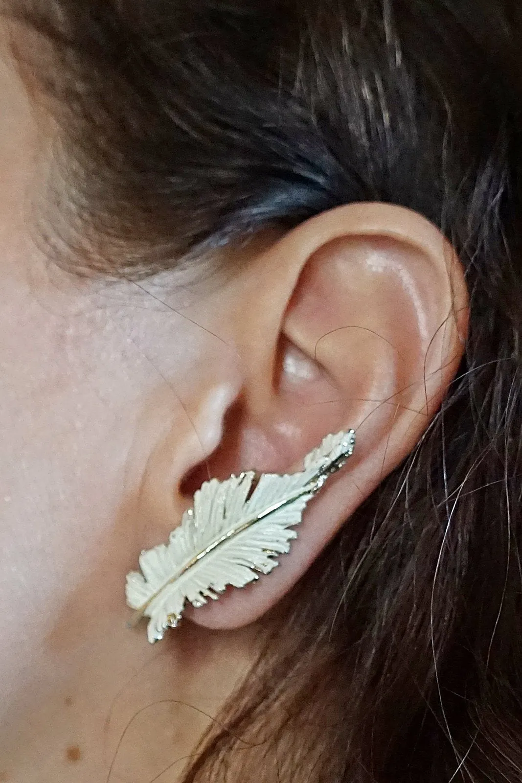Vintage Feather  White Enamel Earrings