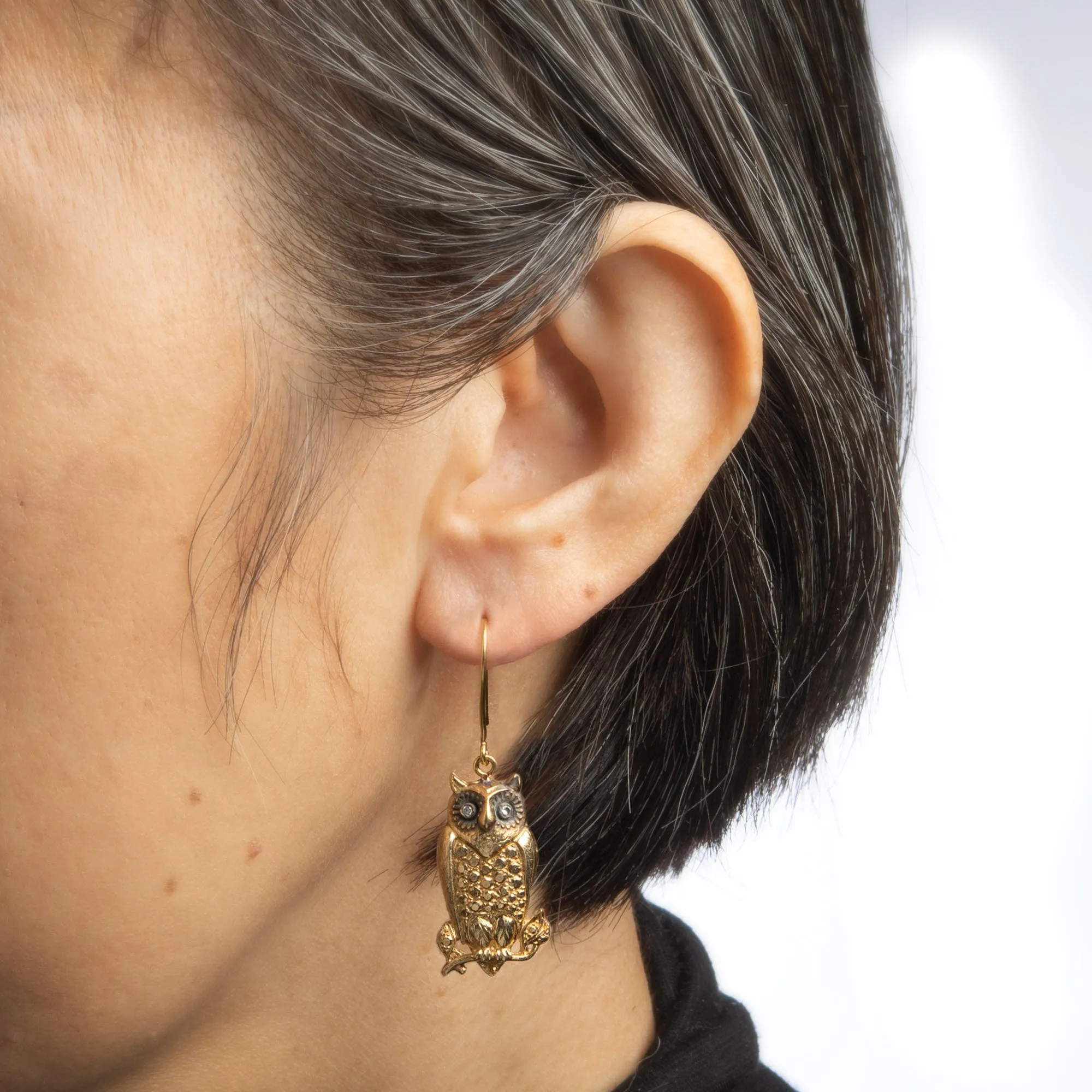 Vintage Owl Drop Earrings 14k Yellow Gold Diamond Eyes 1.75 Inch Estate Jewelry
