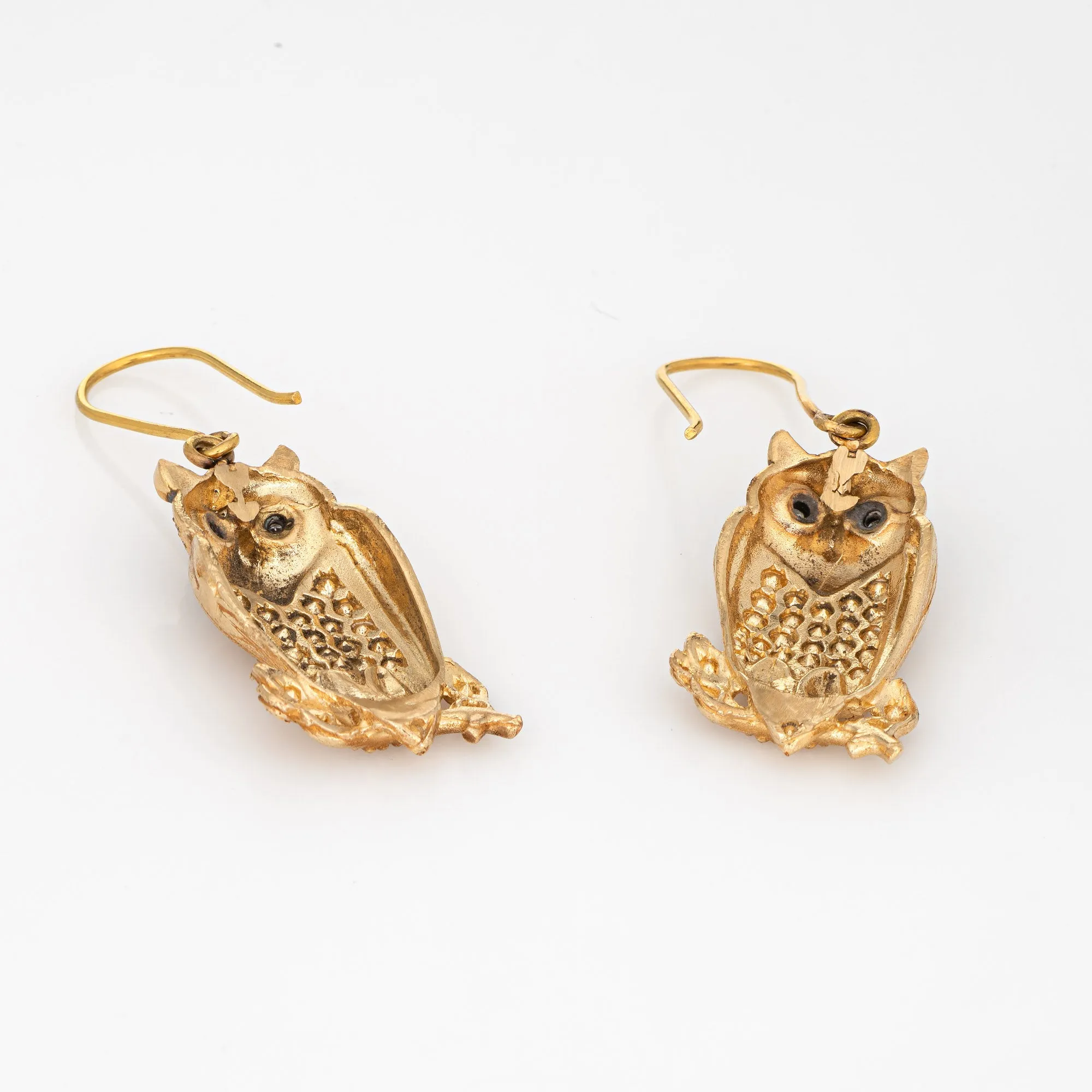 Vintage Owl Drop Earrings 14k Yellow Gold Diamond Eyes 1.75 Inch Estate Jewelry