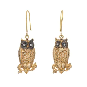 Vintage Owl Drop Earrings 14k Yellow Gold Diamond Eyes 1.75 Inch Estate Jewelry