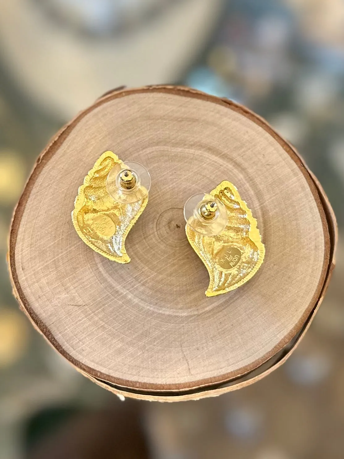 Vintage Signed KJL For Avon Kenneth Jey Lane Conch Shell Gold Tone and Rhinestone Pierced Earrings