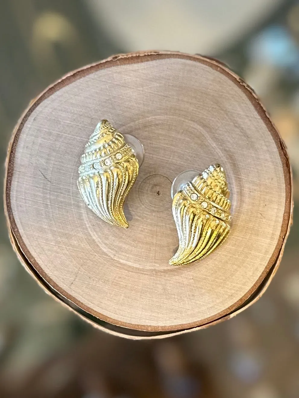 Vintage Signed KJL For Avon Kenneth Jey Lane Conch Shell Gold Tone and Rhinestone Pierced Earrings