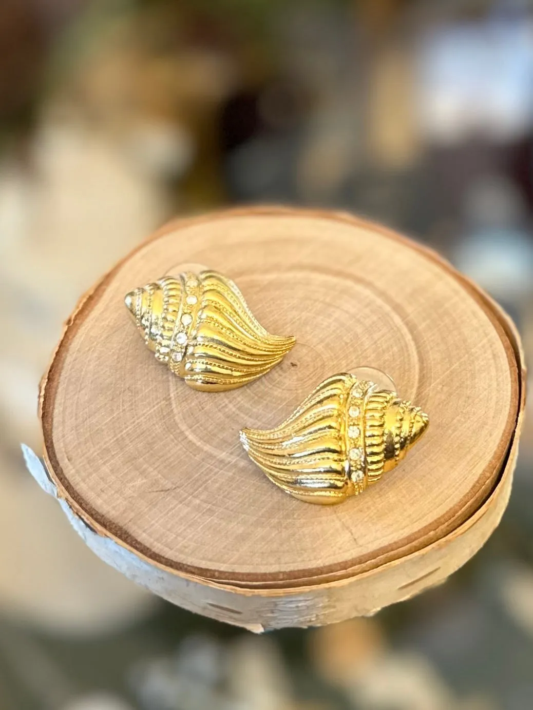 Vintage Signed KJL For Avon Kenneth Jey Lane Conch Shell Gold Tone and Rhinestone Pierced Earrings