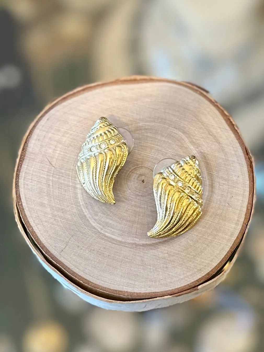 Vintage Signed KJL For Avon Kenneth Jey Lane Conch Shell Gold Tone and Rhinestone Pierced Earrings