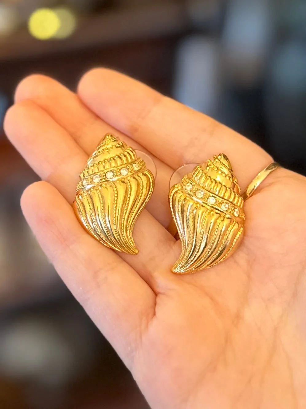 Vintage Signed KJL For Avon Kenneth Jey Lane Conch Shell Gold Tone and Rhinestone Pierced Earrings