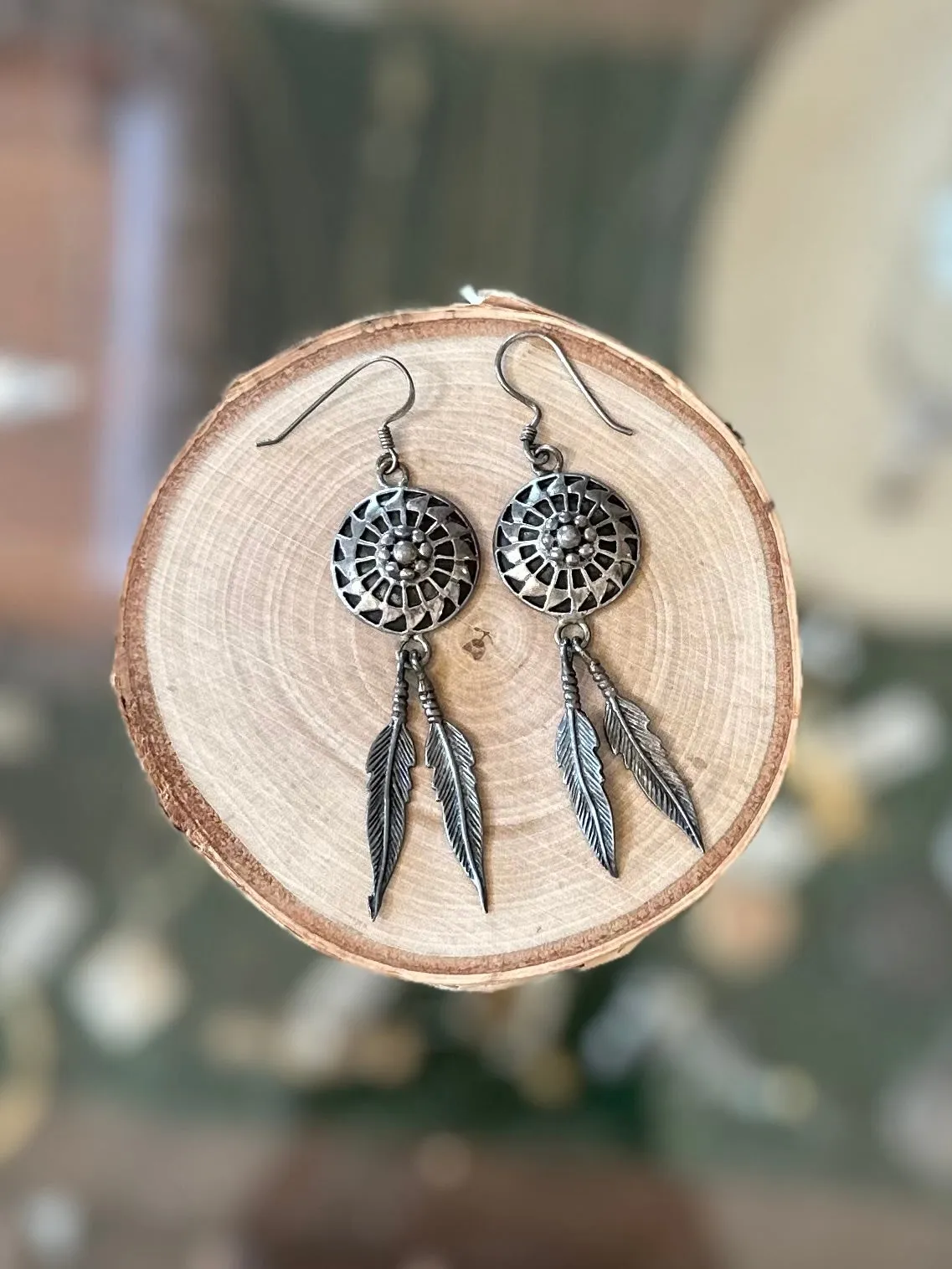 Vintage Southwestern Native American Style Feather Sterling Silver 925 Dangle Earrings