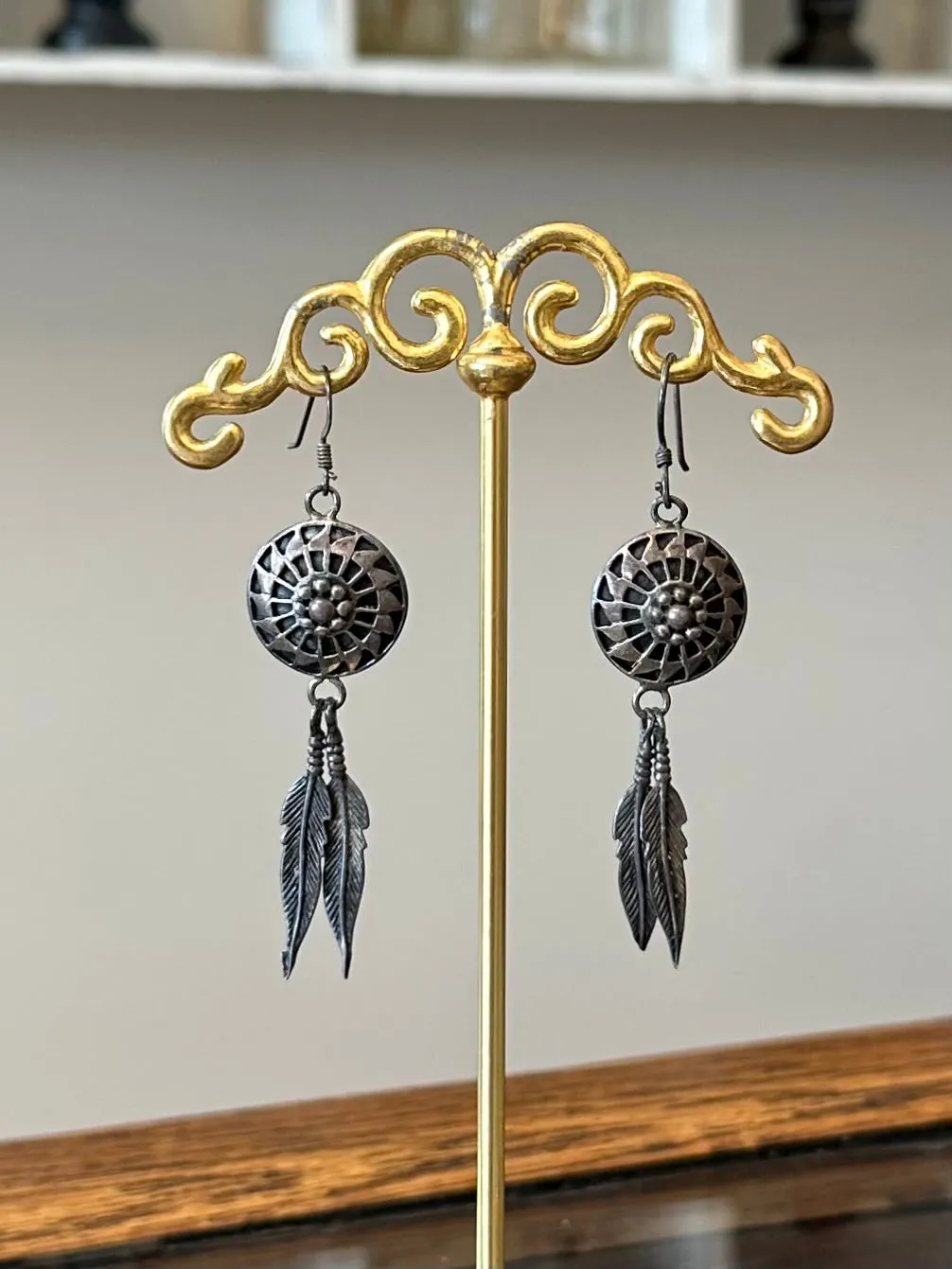 Vintage Southwestern Native American Style Feather Sterling Silver 925 Dangle Earrings
