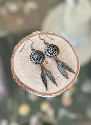 Vintage Southwestern Native American Style Feather Sterling Silver 925 Dangle Earrings