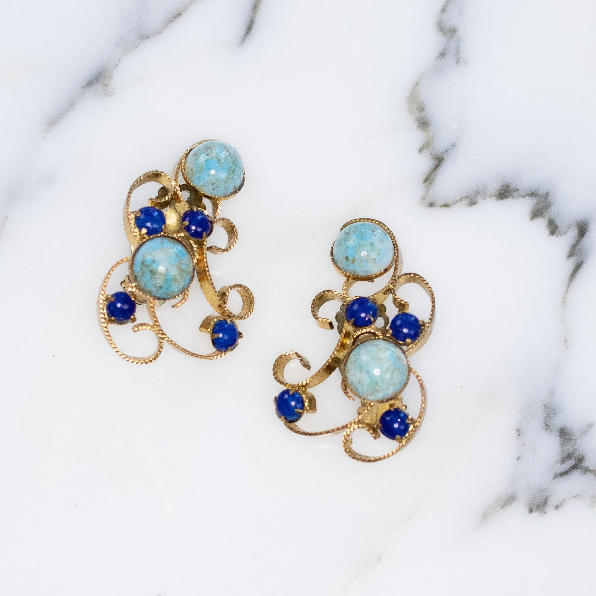 Vintage Turquoise and Lapis Art Glass Statement Earrings Gold Scroll Design