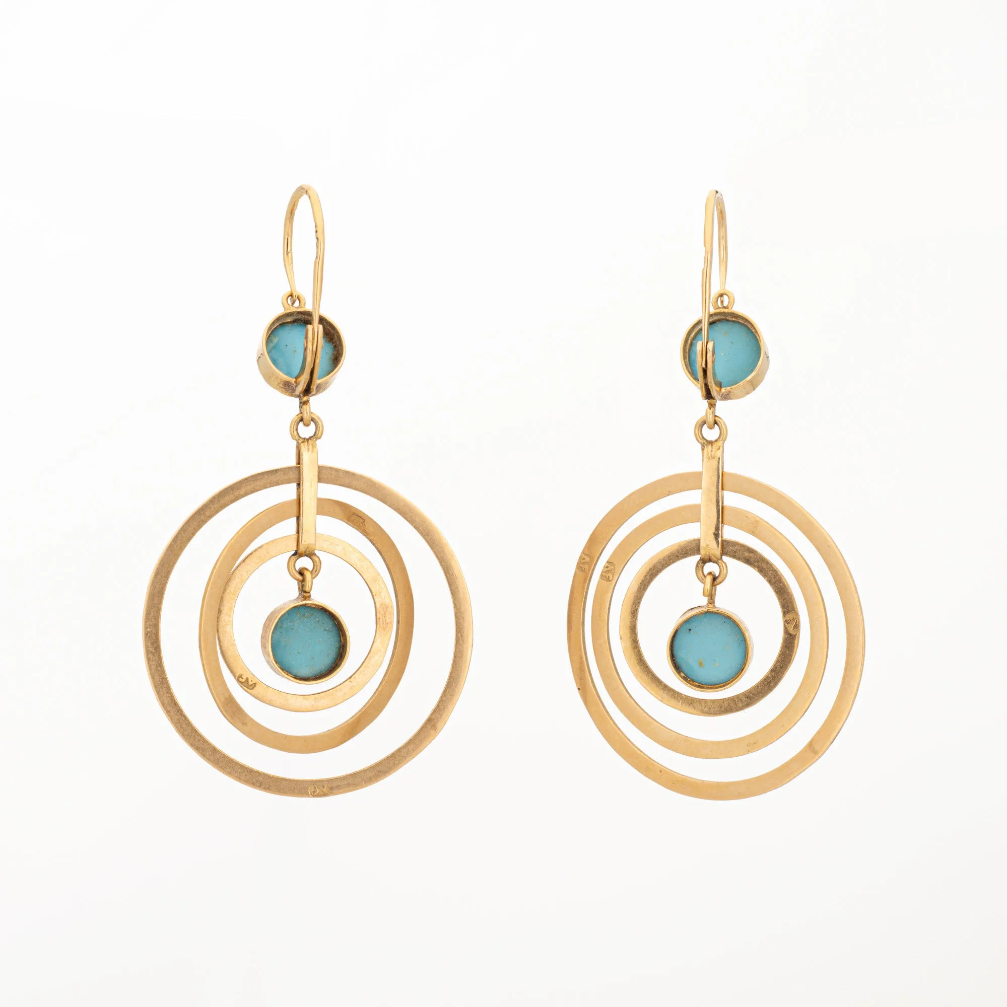 Vintage Turquoise Earrings 18k Yellow Gold Movable Concentric Drops 2 Inch