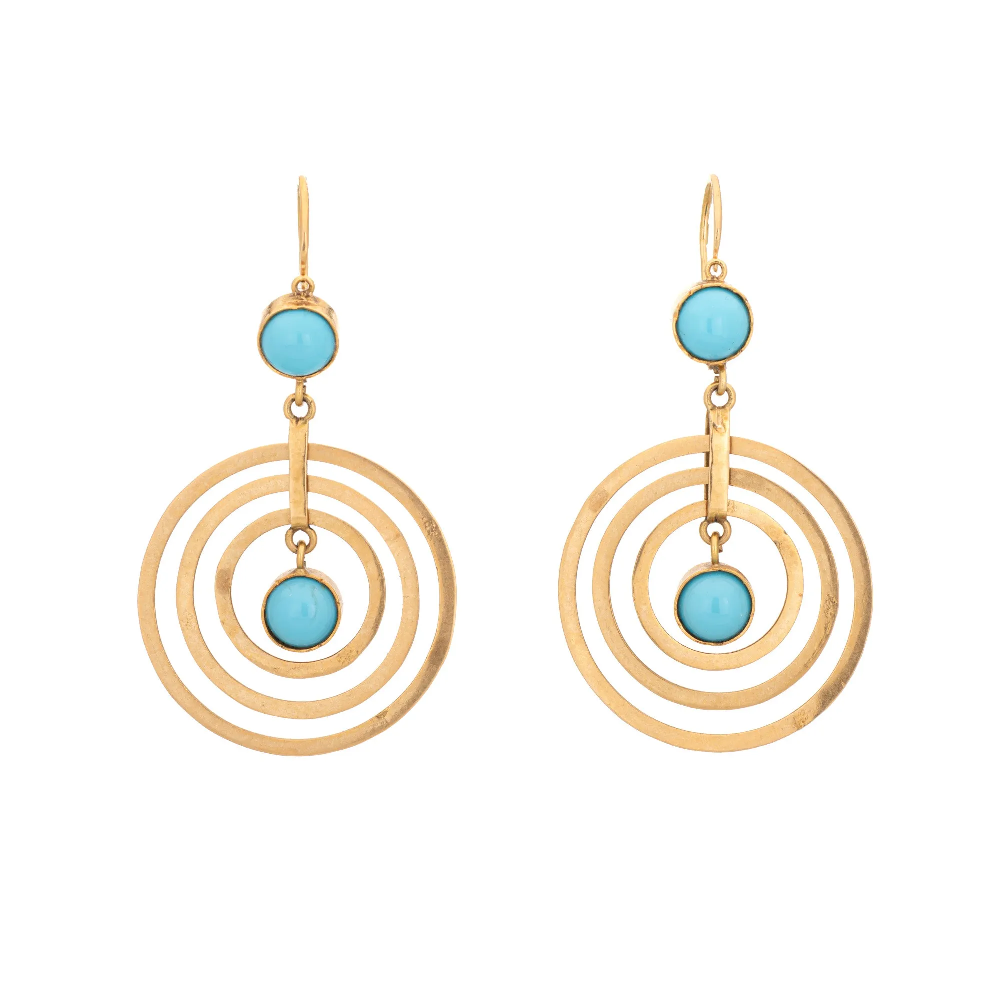 Vintage Turquoise Earrings 18k Yellow Gold Movable Concentric Drops 2 Inch