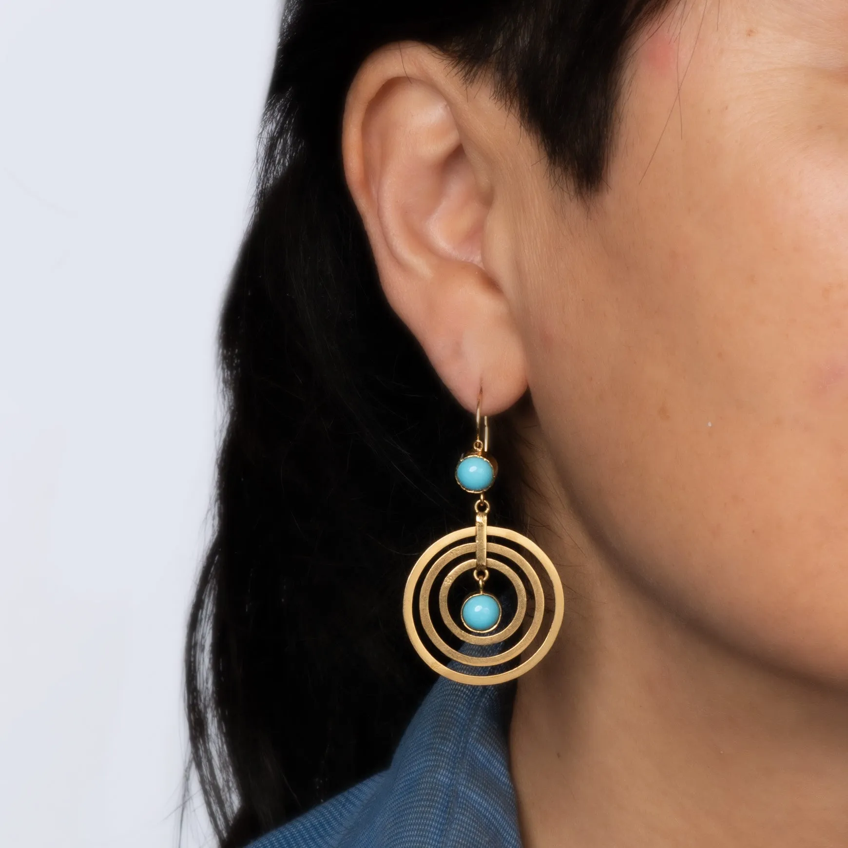 Vintage Turquoise Earrings 18k Yellow Gold Movable Concentric Drops 2 Inch