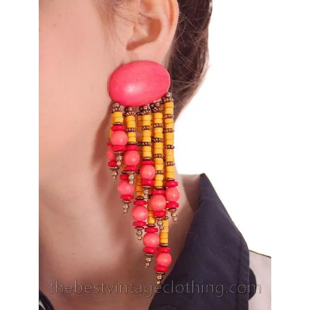Vintage Wooden Pink & Yellow Pierced Earrings 1980S