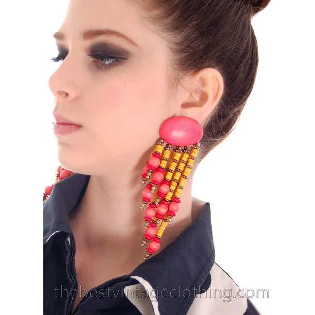 Vintage Wooden Pink & Yellow Pierced Earrings 1980S