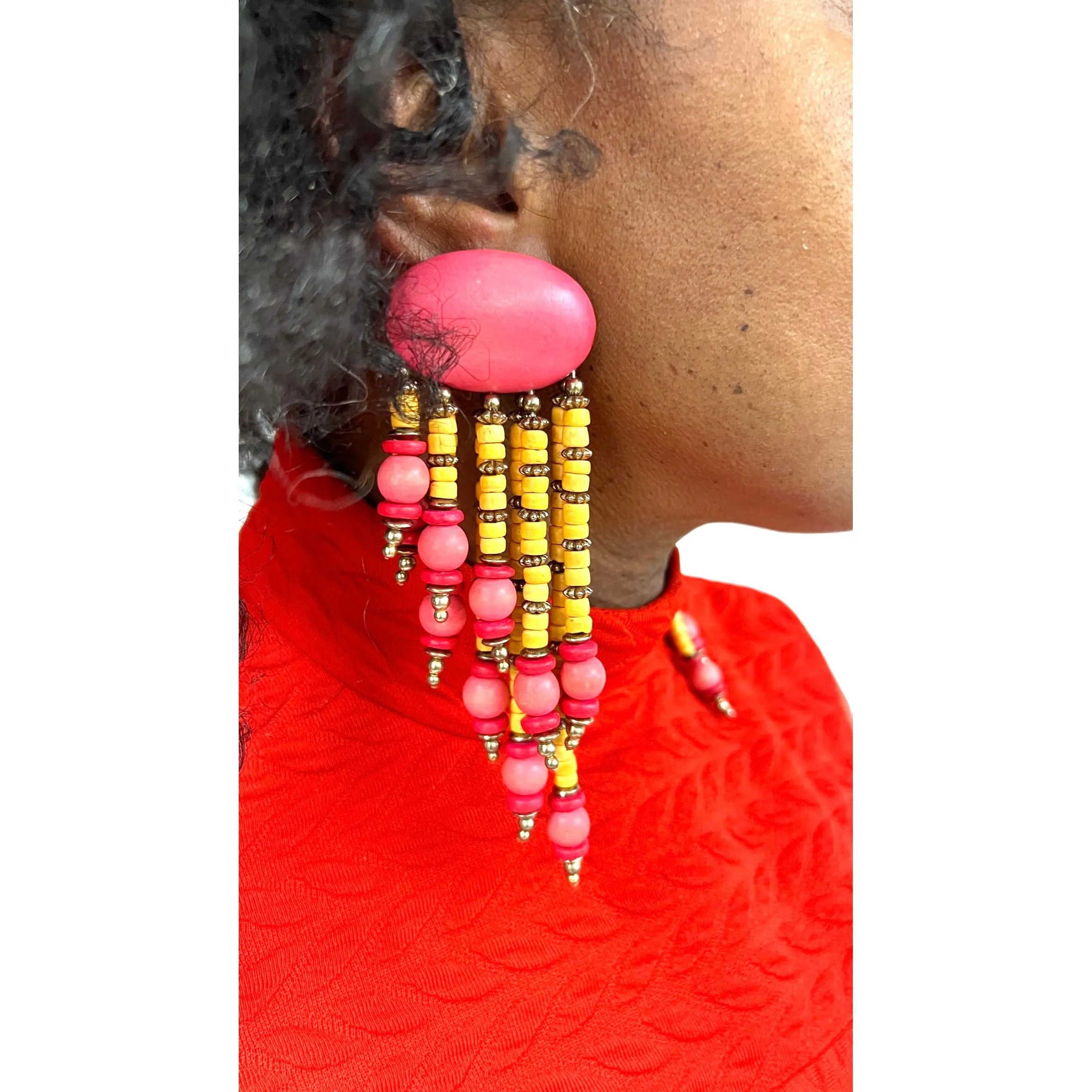 Vintage Wooden Pink & Yellow Pierced Earrings 1980S