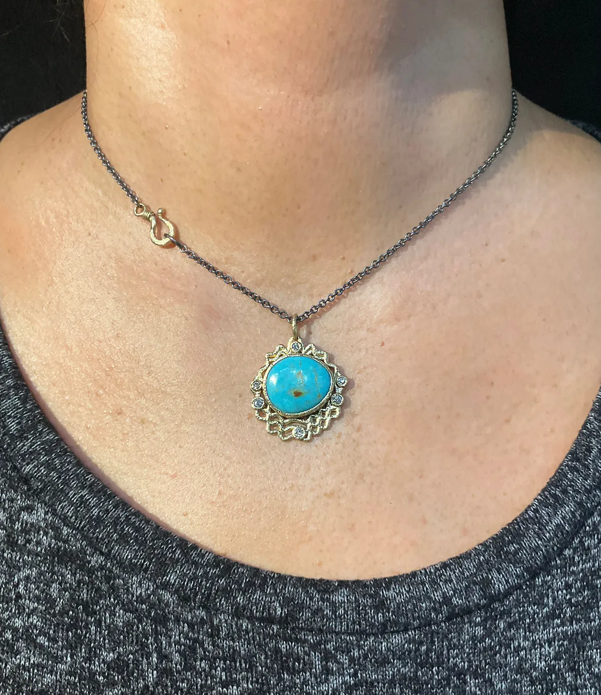 Wave Pendant with Free-form Turquoise and Diamonds