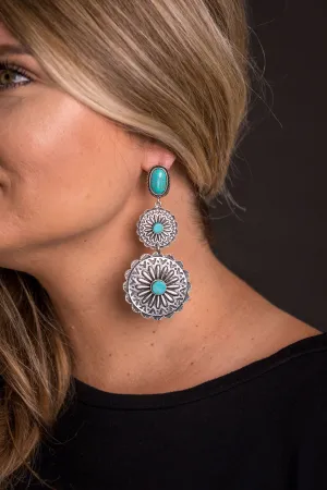 West and Co 3 Tier Silver and Turquoise Concho Earrings