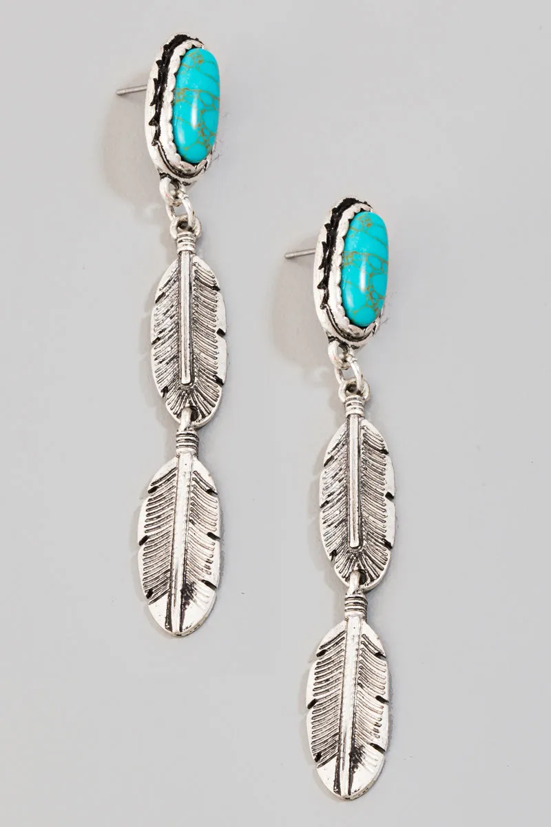 Western Feather Drop Earrings with Turquoise in Silver