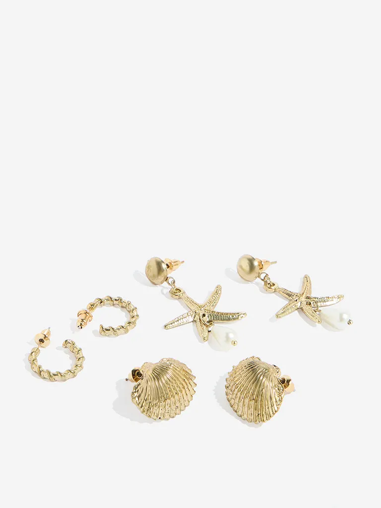 Westside Accessories Gold Shell Drop Earrings Set - Pack of 3