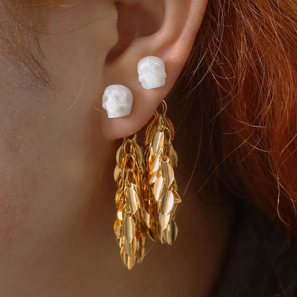 Wheat Spike Feather Tassel Pearl Skull Earrings