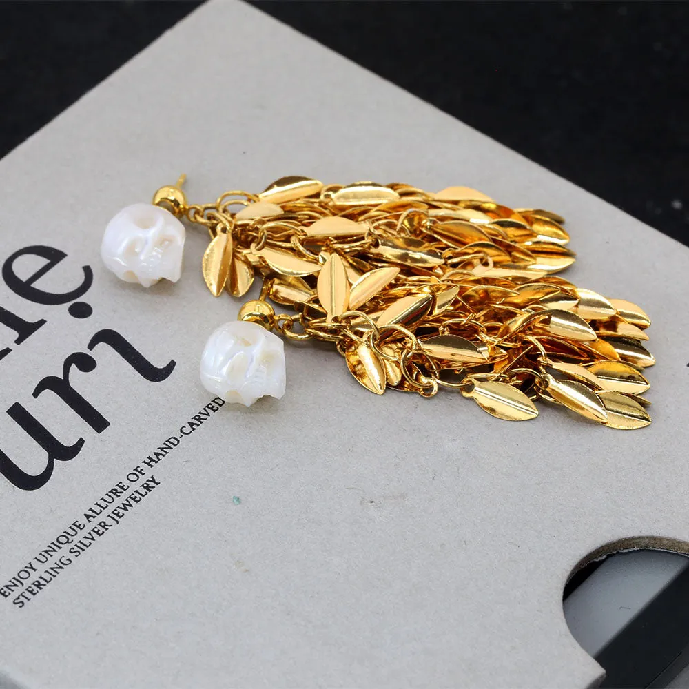 Wheat Spike Feather Tassel Pearl Skull Earrings