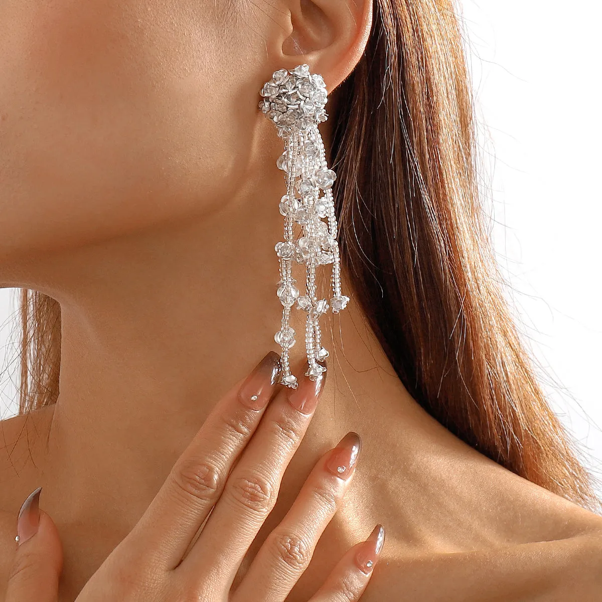 White Acrylic & Silver-Plated Flower Tassel Drop Earrings