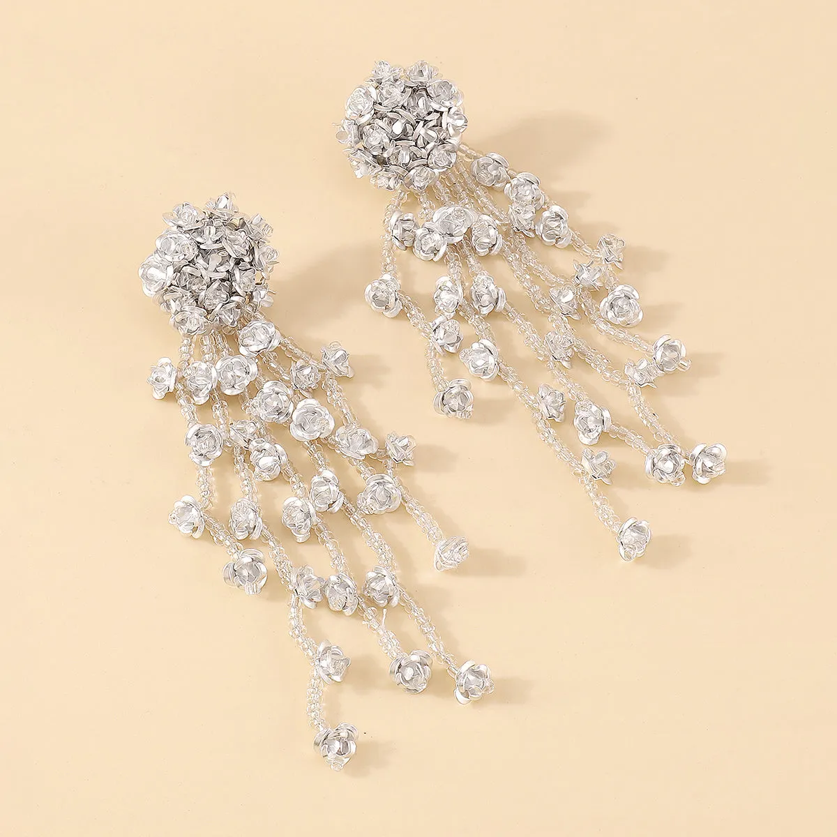 White Acrylic & Silver-Plated Flower Tassel Drop Earrings