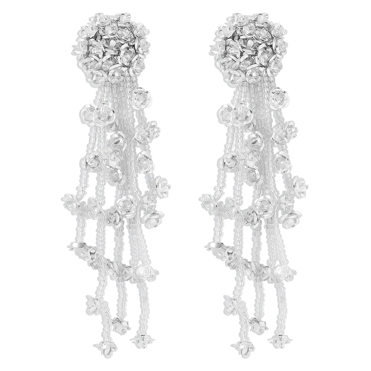 White Acrylic & Silver-Plated Flower Tassel Drop Earrings