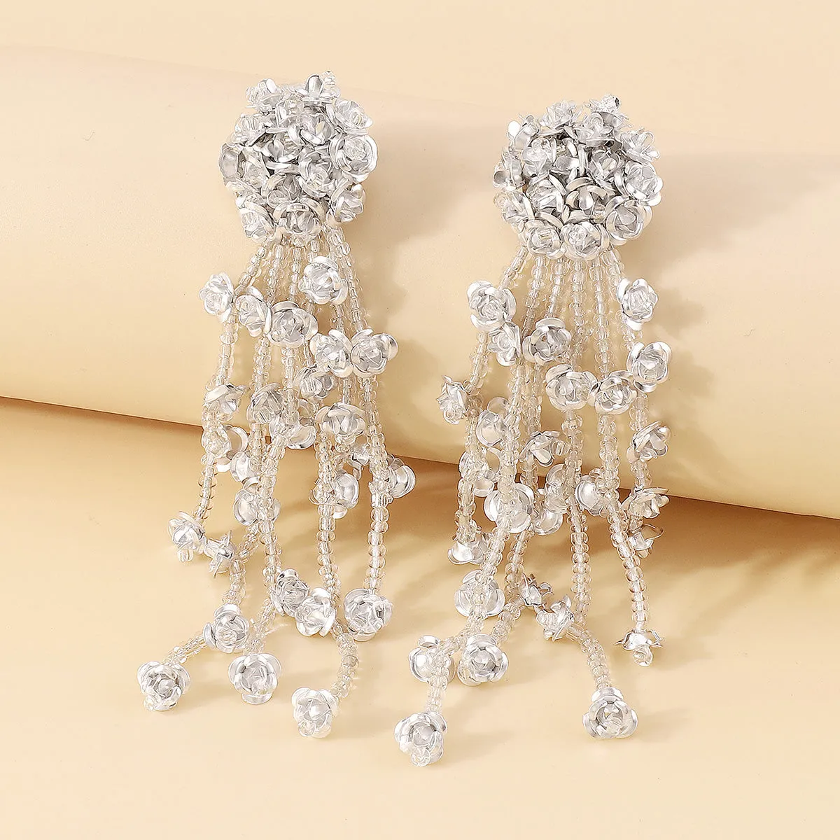 White Acrylic & Silver-Plated Flower Tassel Drop Earrings